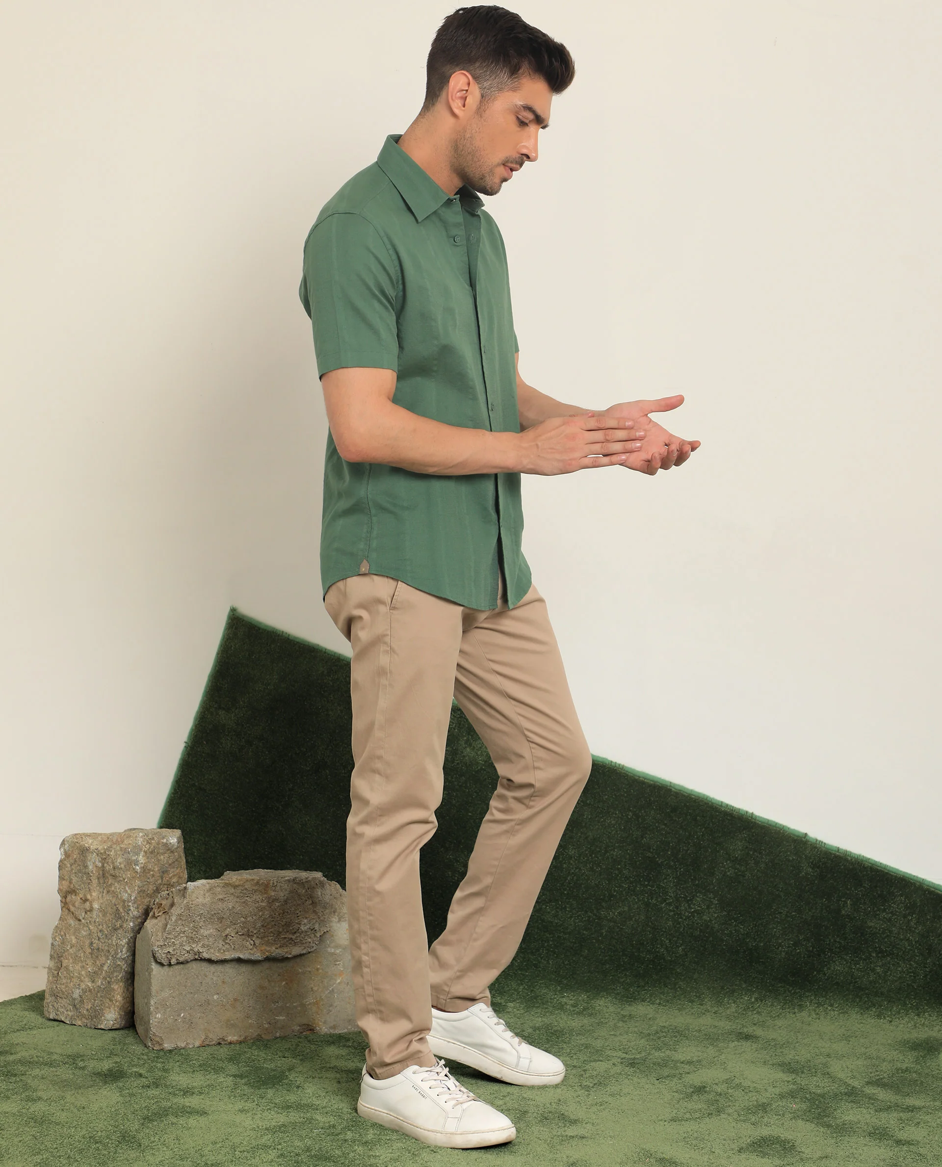 Rare Rabbit Men's Matto Green Cotton Striped Print Regular Fit Half Sleeve Collared Shirt - Image 2