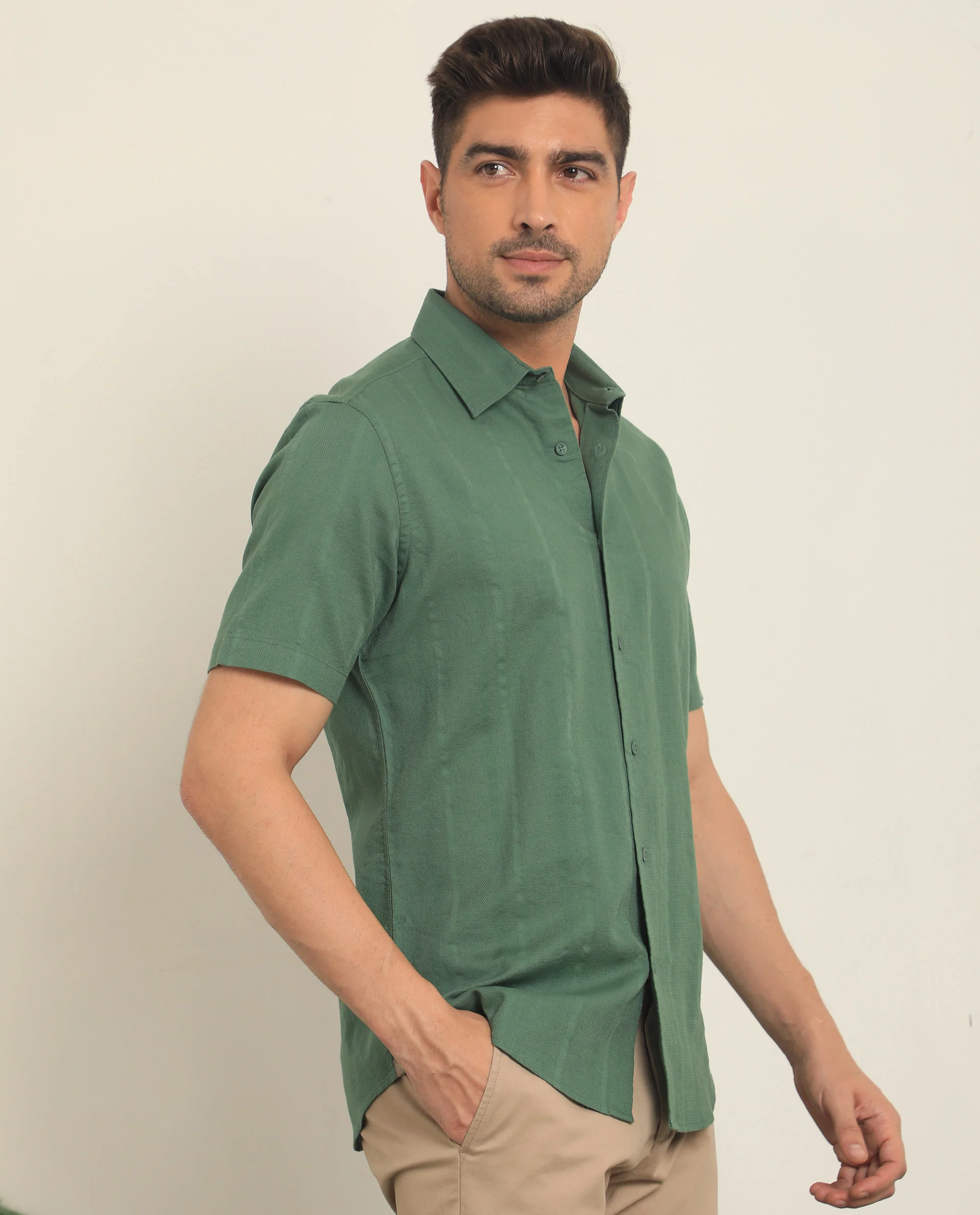 Rare Rabbit Men's Matto Green Cotton Striped Print Regular Fit Half Sleeve Collared Shirt - Image 4