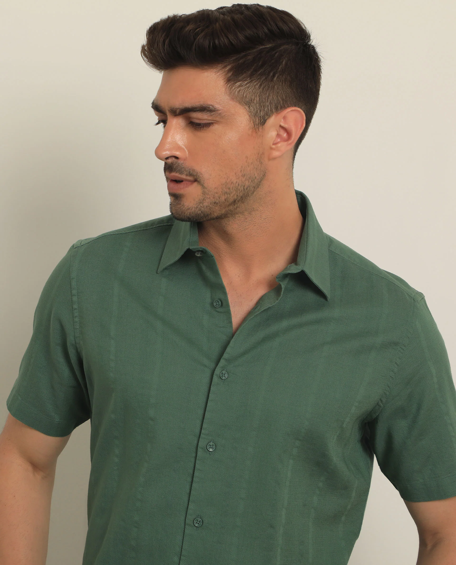 Rare Rabbit Men's Matto Green Cotton Striped Print Regular Fit Half Sleeve Collared Shirt - Image 5