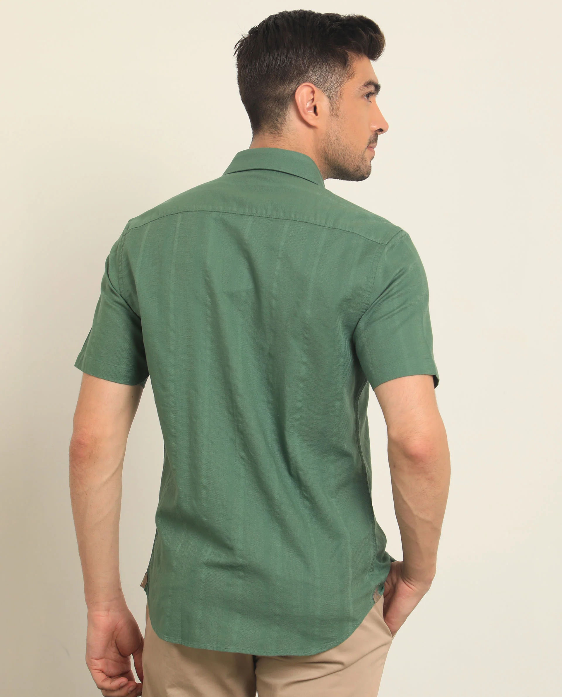 Rare Rabbit Men's Matto Green Cotton Striped Print Regular Fit Half Sleeve Collared Shirt - Image 6