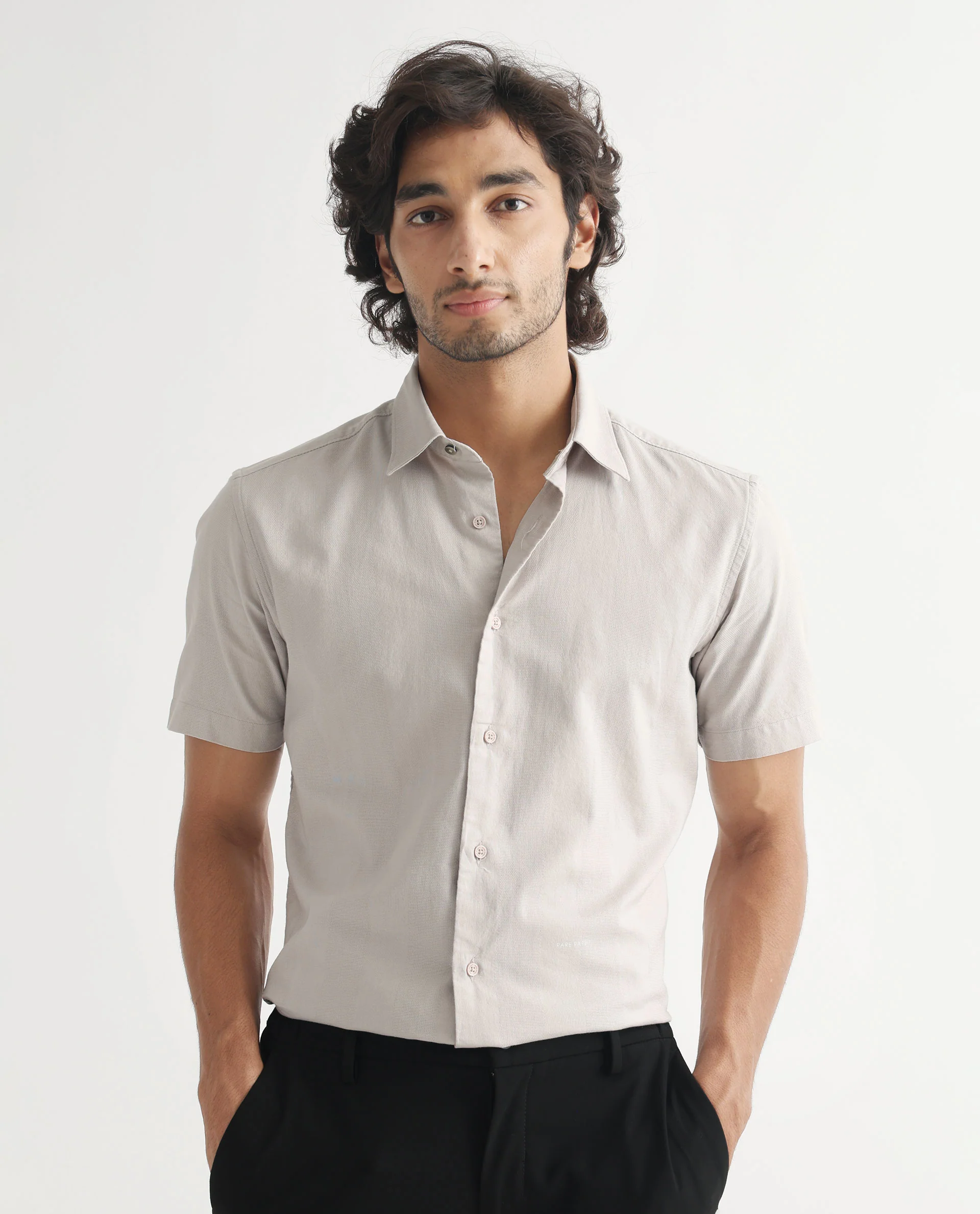 Rare Rabbit Men's Matto Grey Cotton Striped Print Regular Fit Half Sleeve Collared Shirt