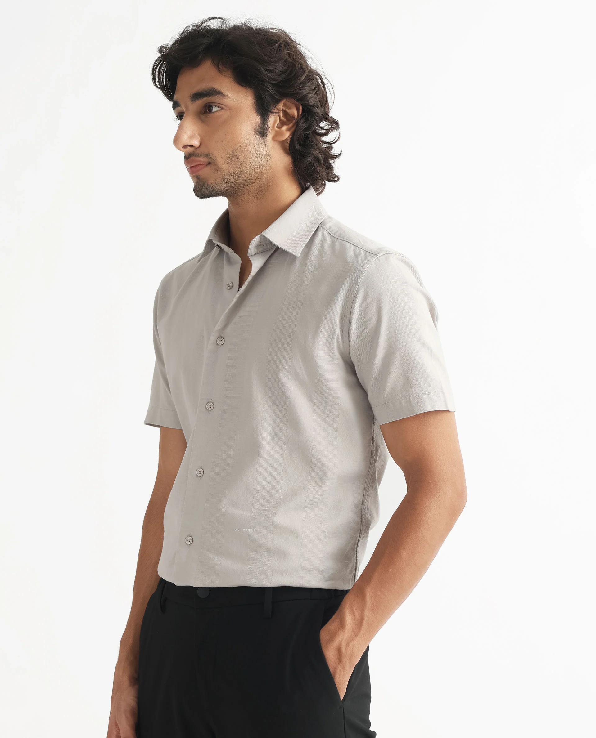 Rare Rabbit Men's Matto Grey Cotton Striped Print Regular Fit Half Sleeve Collared Shirt - Image 4