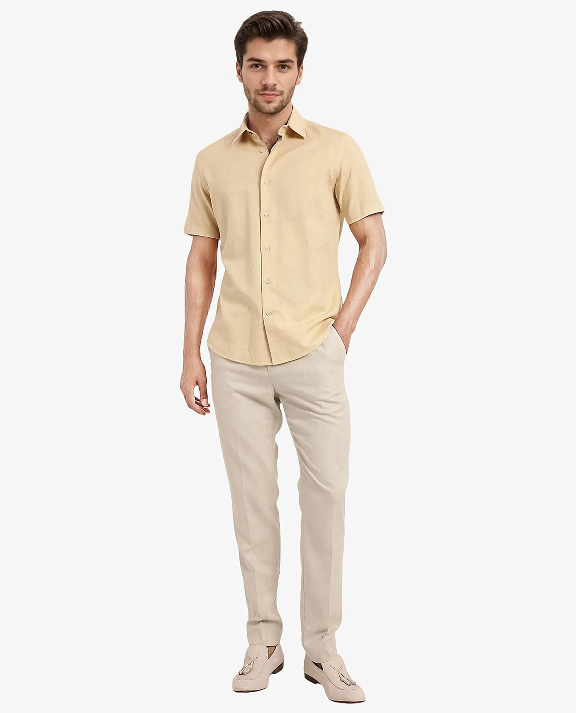 Rare Rabbit Men's Matto Light Yellow Cotton Striped Print Regular Fit Half Sleeve Collared Shirt - Image 2