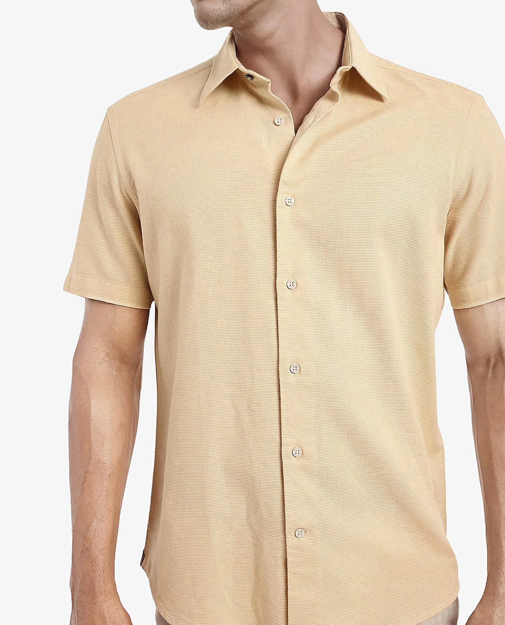 Rare Rabbit Men's Matto Light Yellow Cotton Striped Print Regular Fit Half Sleeve Collared Shirt - Image 3