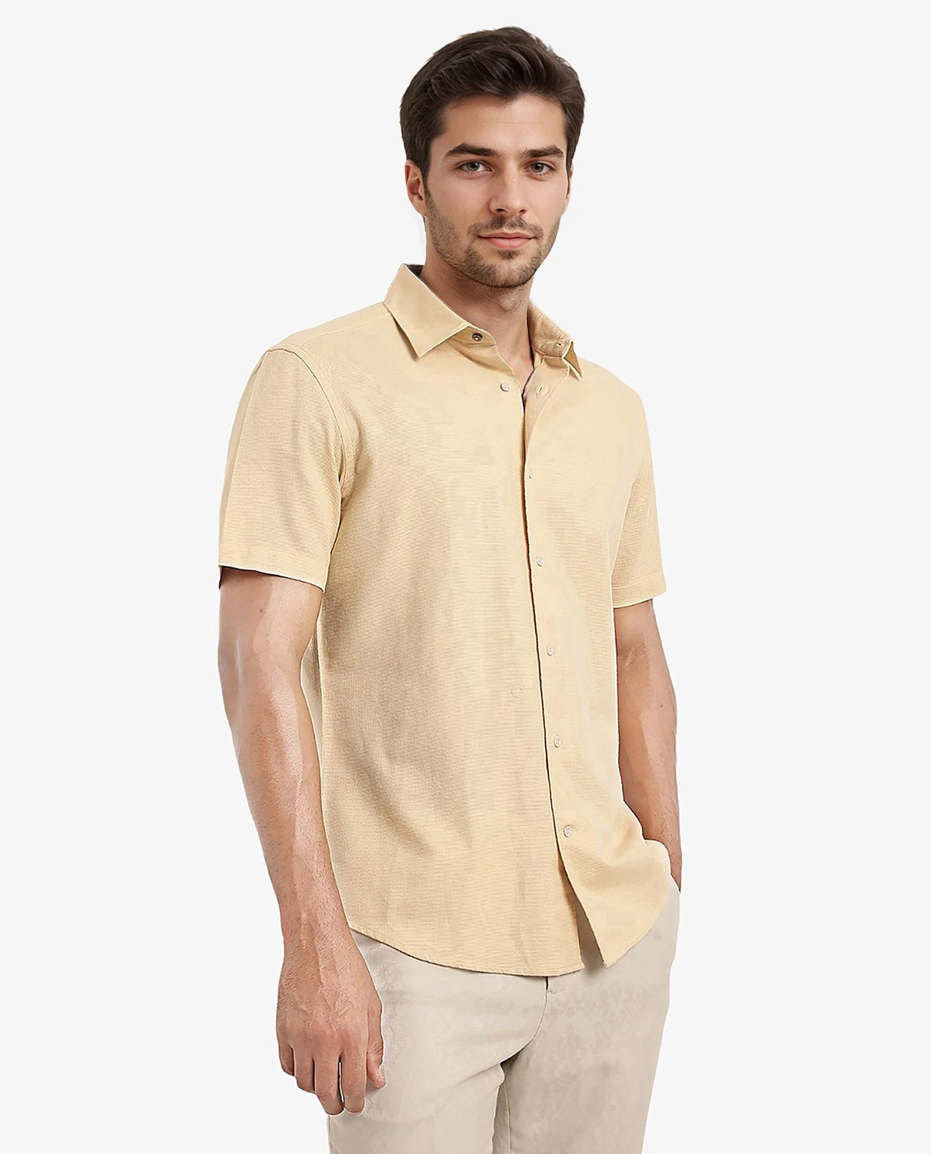 Rare Rabbit Men's Matto Light Yellow Cotton Striped Print Regular Fit Half Sleeve Collared Shirt - Image 4