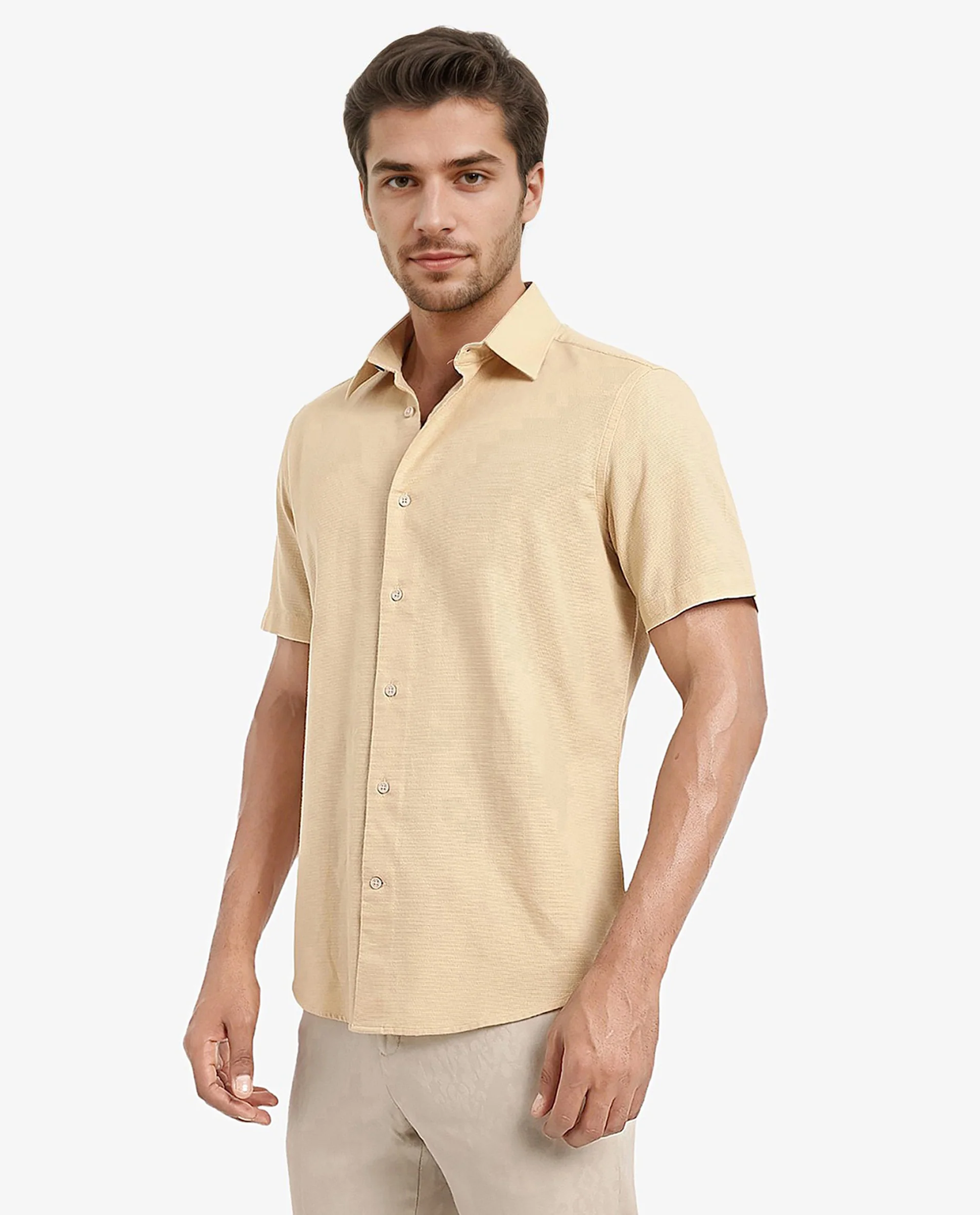 Rare Rabbit Men's Matto Light Yellow Cotton Striped Print Regular Fit Half Sleeve Collared Shirt - Image 7