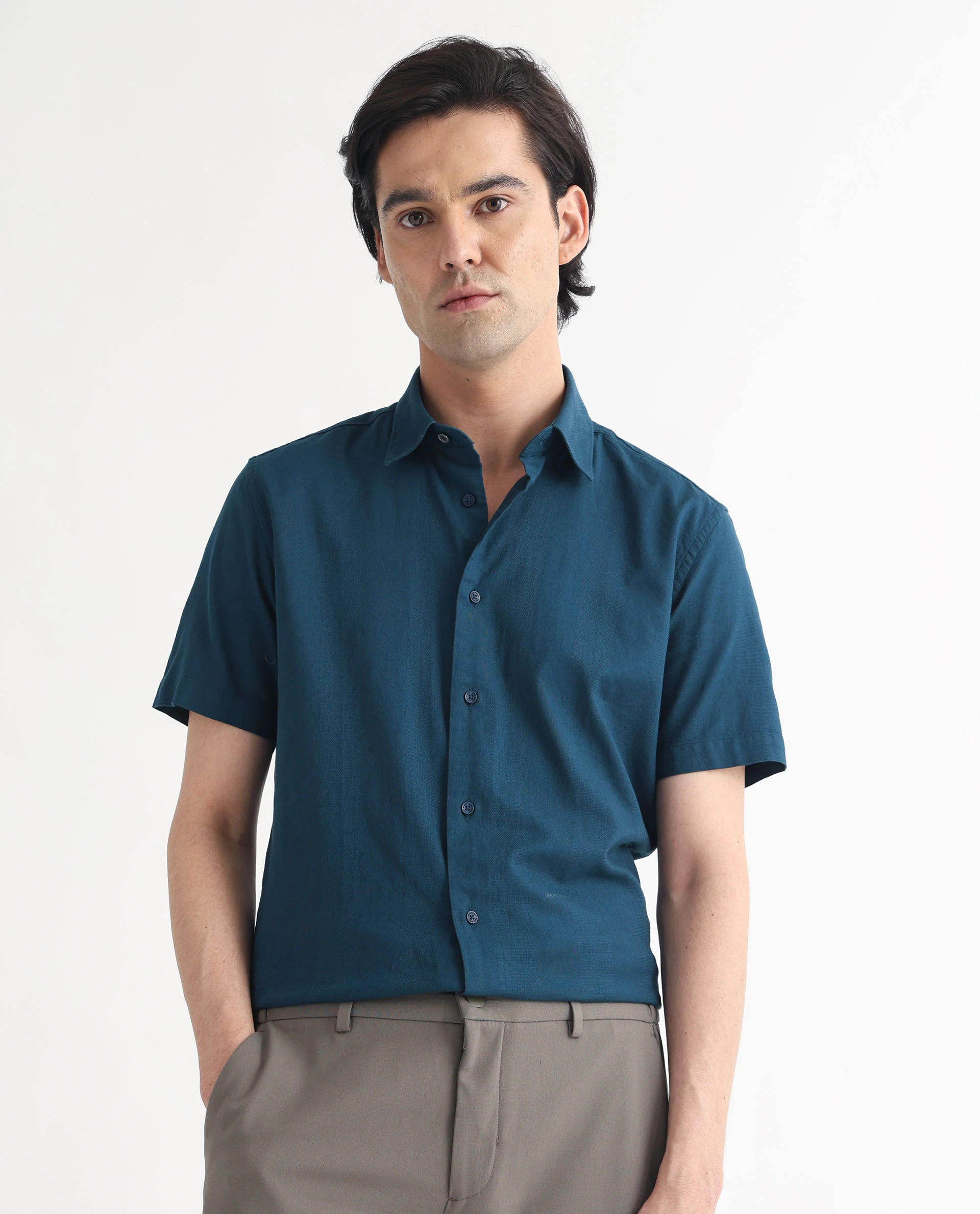 Rare Rabbit Men's Matto Petrol Cotton Striped Print Regular Fit Half Sleeve Collared Shirt - Image 3