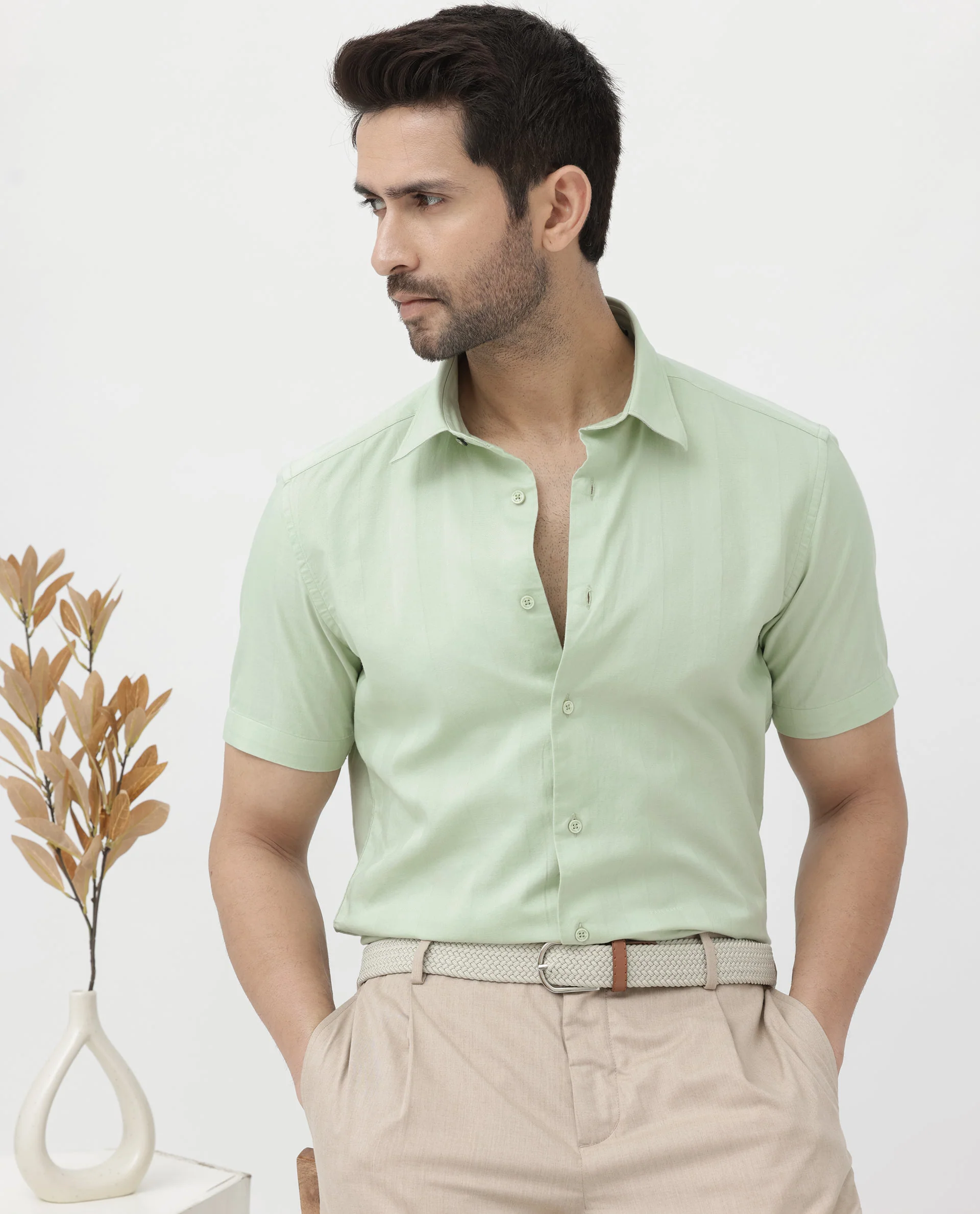 Rare Rabbit Men's Mattoo Duksy Green Cotton Striped Print Boxy Fit Half Sleeve Collared Shirt