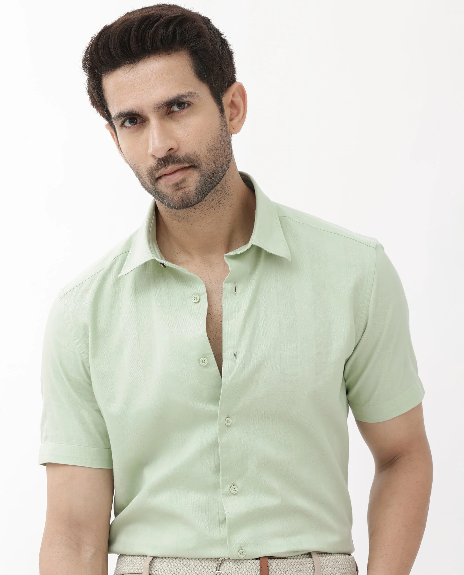 Rare Rabbit Men's Mattoo Duksy Green Cotton Striped Print Boxy Fit Half Sleeve Collared Shirt - Image 3
