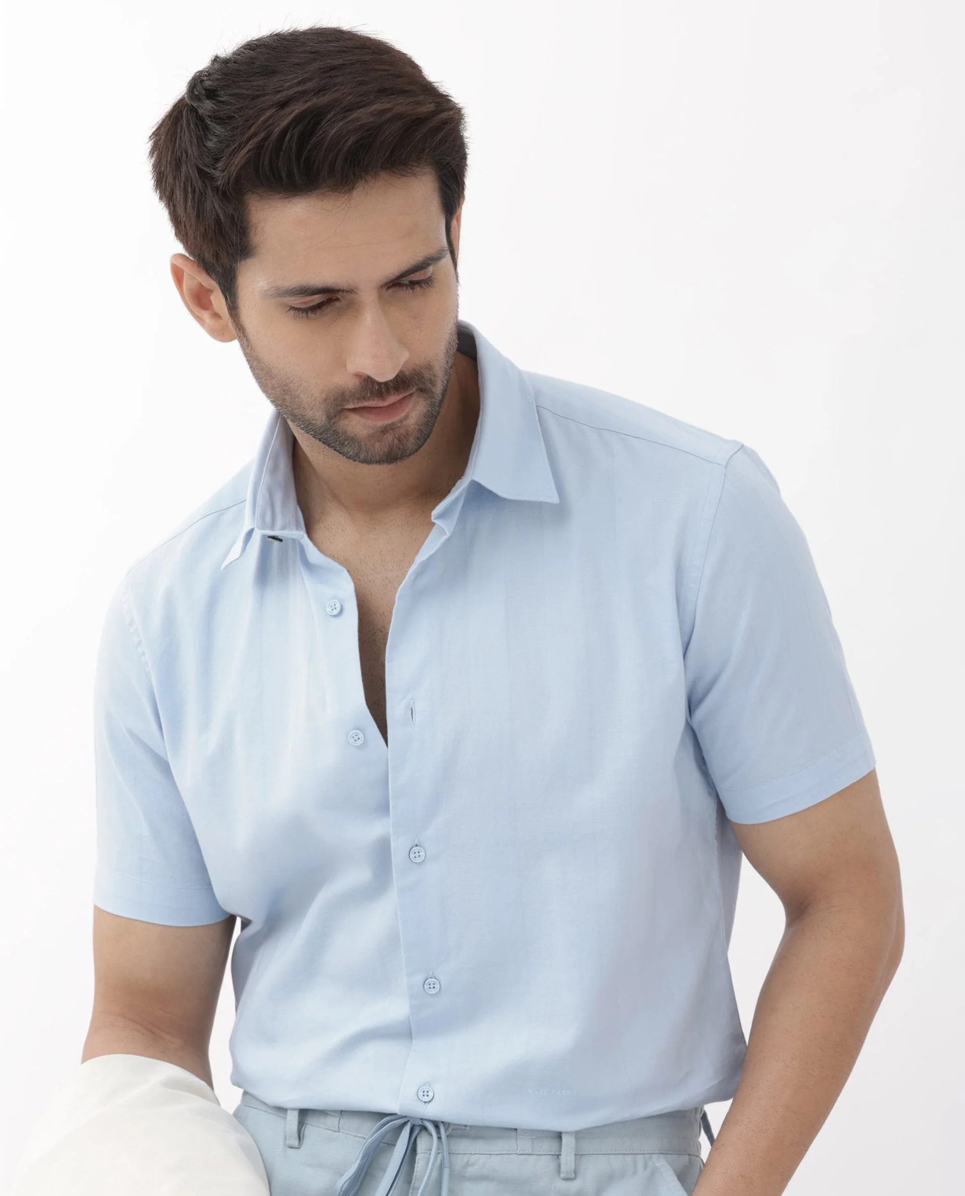 Rare Rabbit Men's Mattoo Light Blue Cotton Striped Print Boxy Fit Half Sleeve Collared Shirt