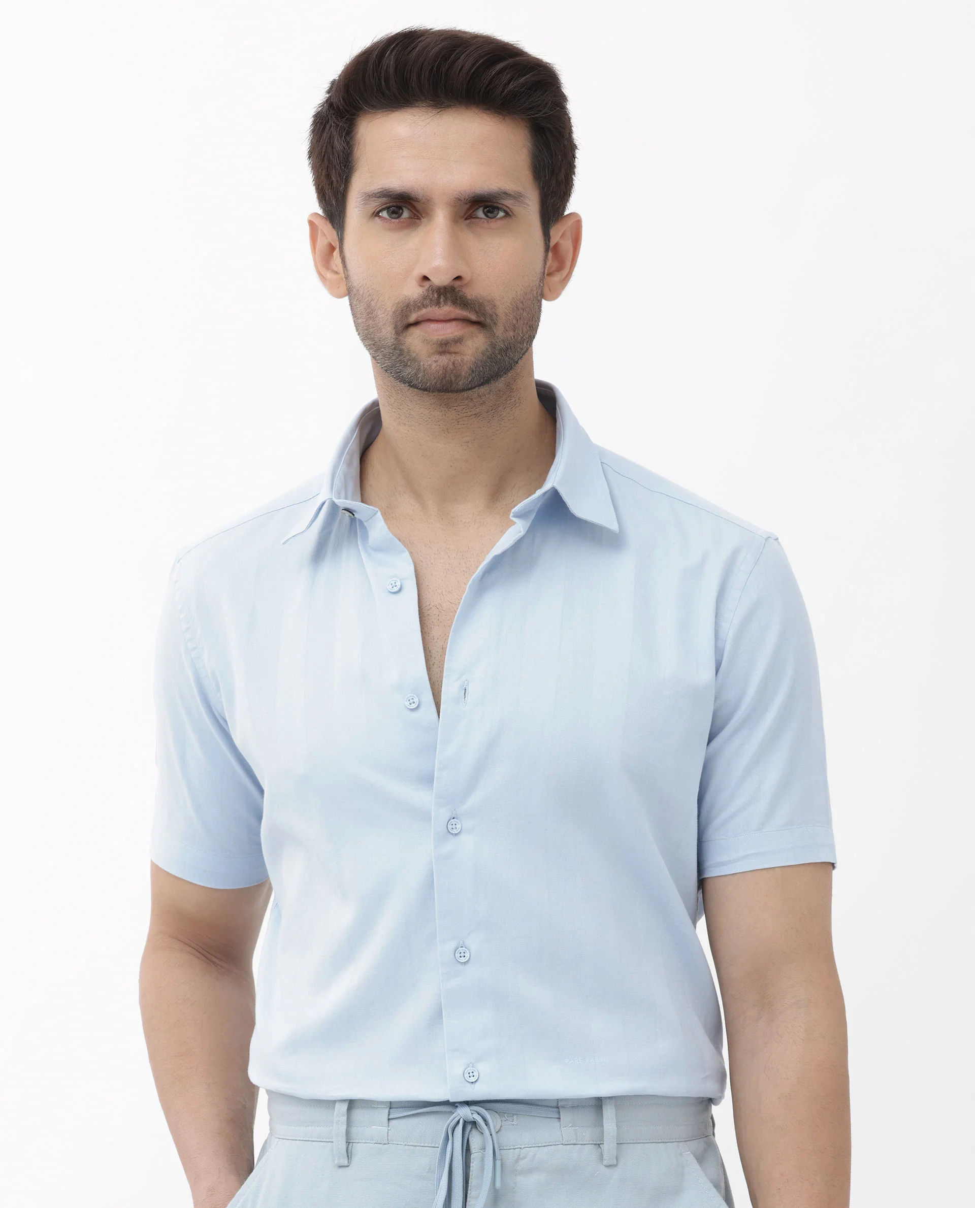 Rare Rabbit Men's Mattoo Light Blue Cotton Striped Print Boxy Fit Half Sleeve Collared Shirt - Image 3
