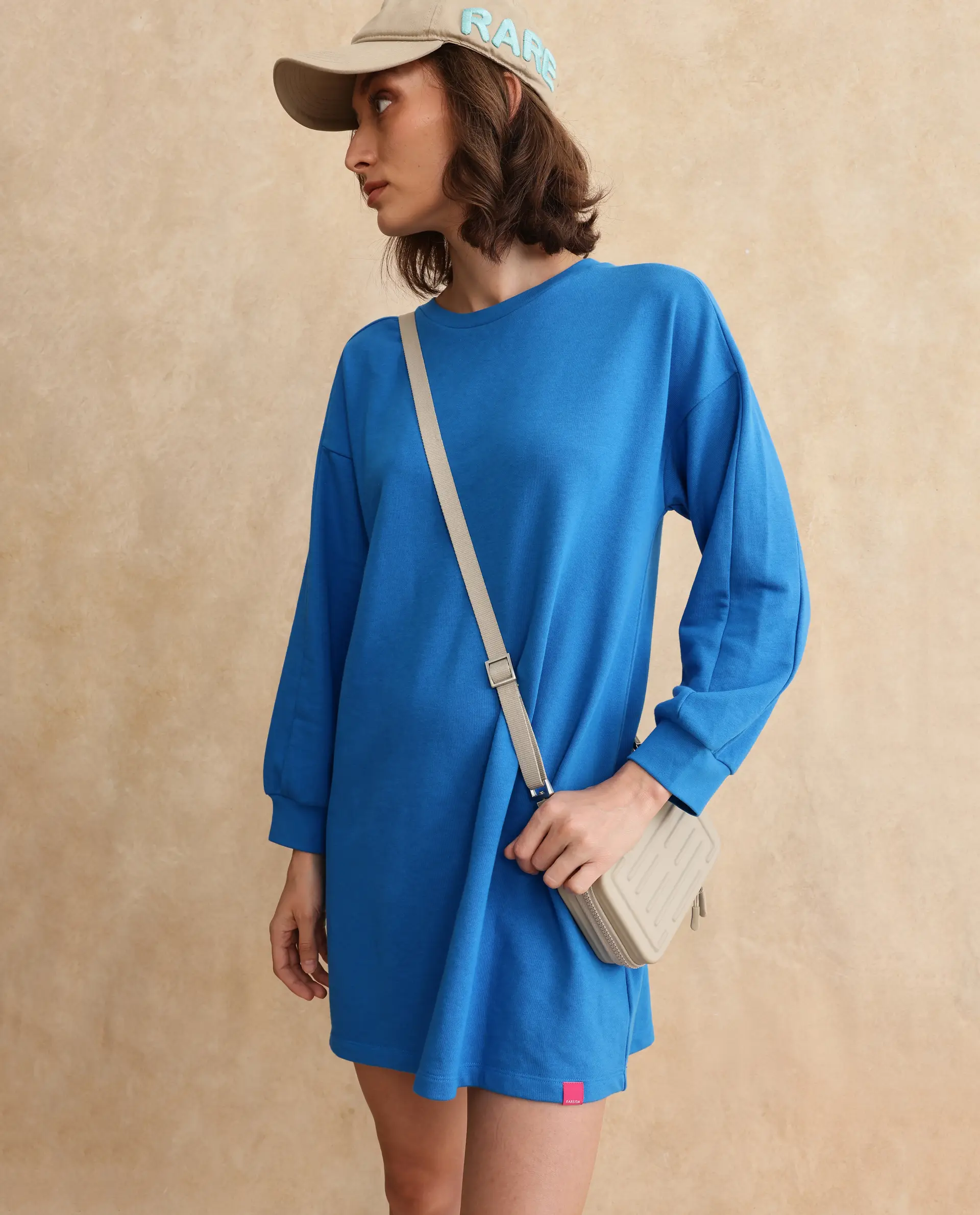Rareism Women's Mauritz Blue Cotton Blend Crew Neck Plain Knee Length Relaxed Fit Sweatshirt