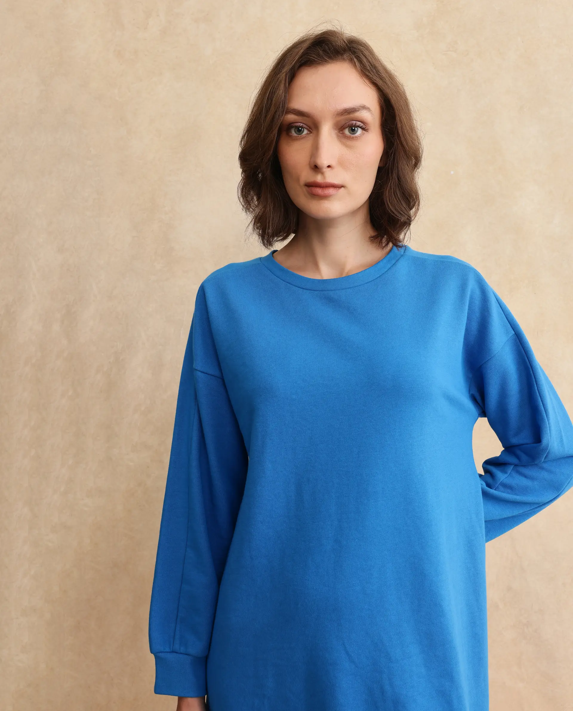 Rareism Women's Mauritz Blue Cotton Blend Crew Neck Plain Knee Length Relaxed Fit Sweatshirt - Image 5