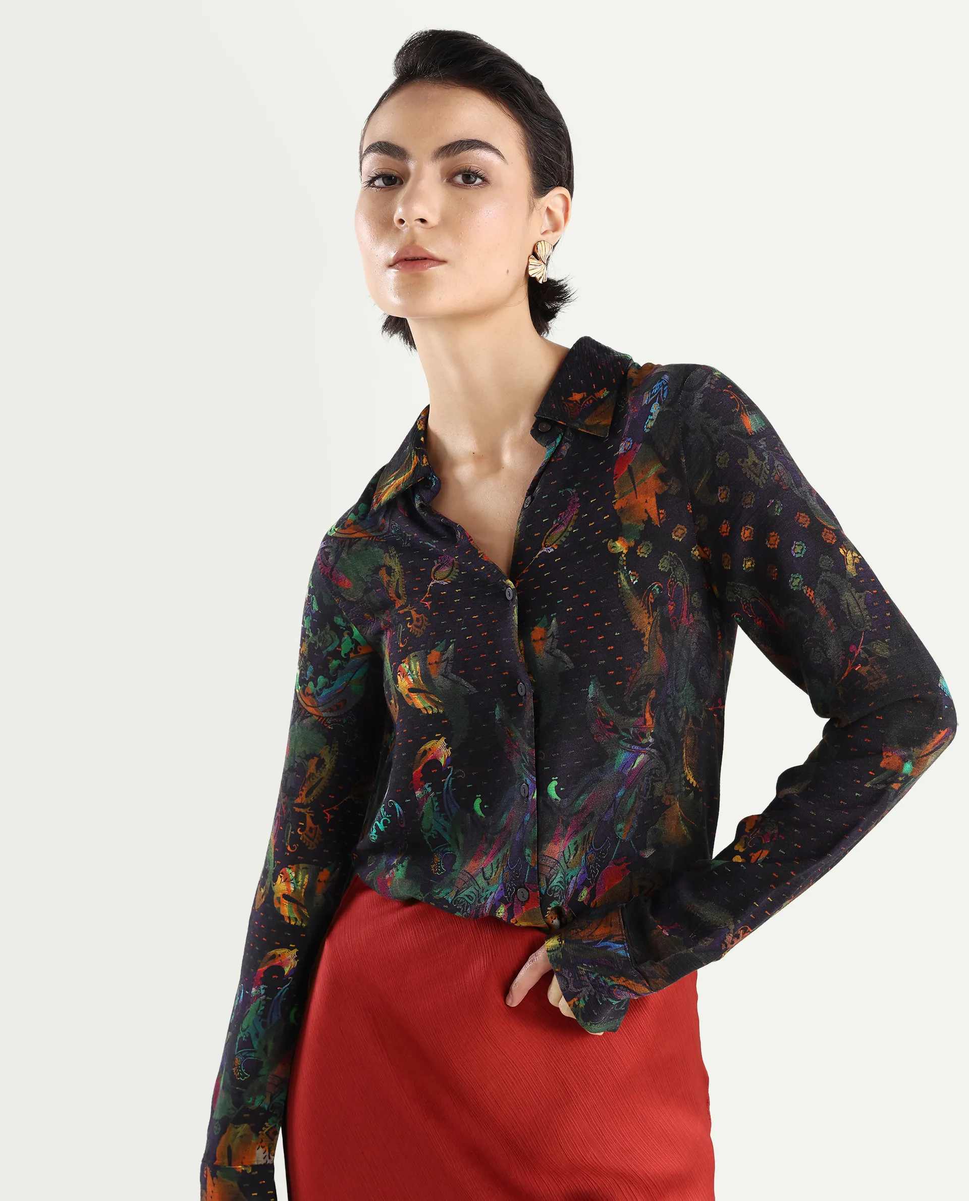 Rareism Women's Mausi Multi Rayon Drop Collar Paisley Print Cuffed Sleeve Regular Fit Shirt - Image 2