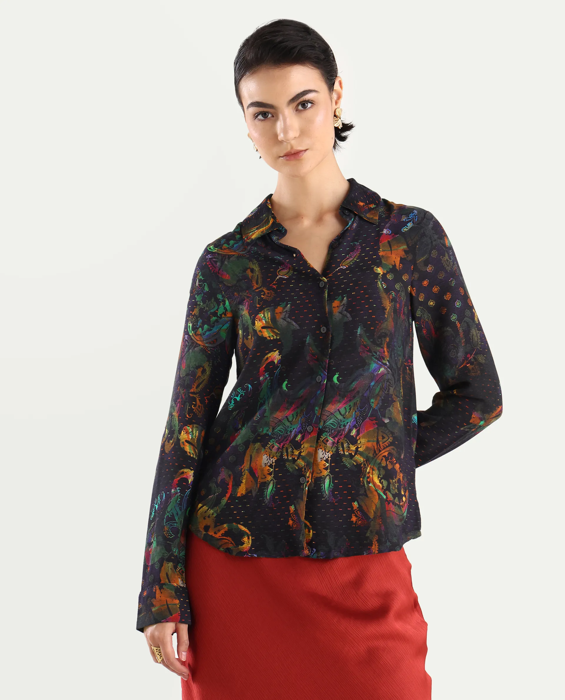 Rareism Women's Mausi Multi Rayon Drop Collar Paisley Print Cuffed Sleeve Regular Fit Shirt - Image 3