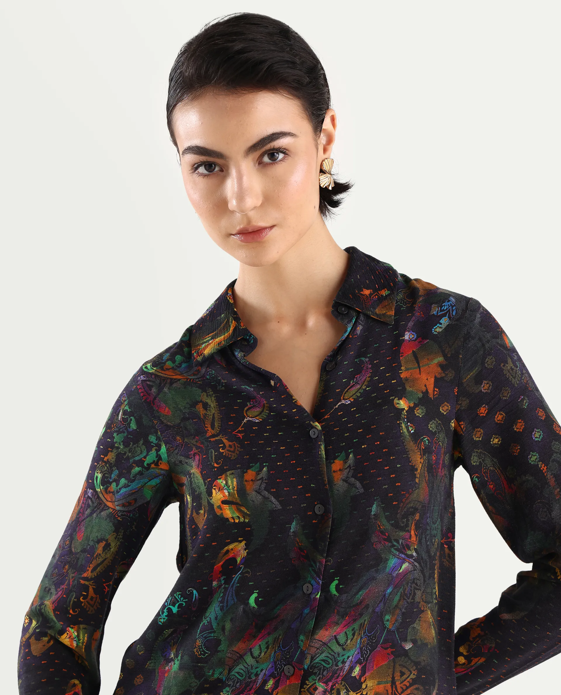 Rareism Women's Mausi Multi Rayon Drop Collar Paisley Print Cuffed Sleeve Regular Fit Shirt - Image 4