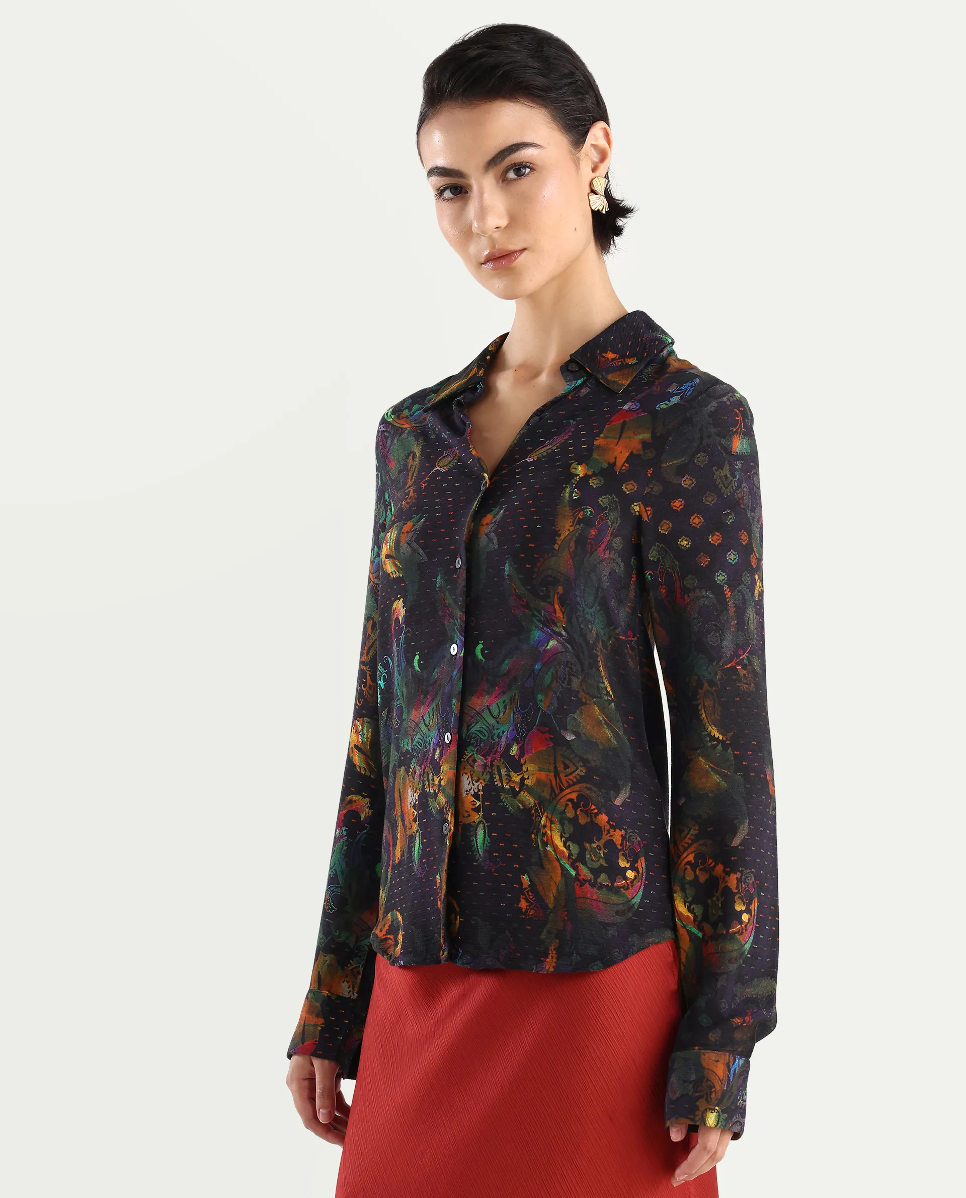 Rareism Women's Mausi Multi Rayon Drop Collar Paisley Print Cuffed Sleeve Regular Fit Shirt - Image 5