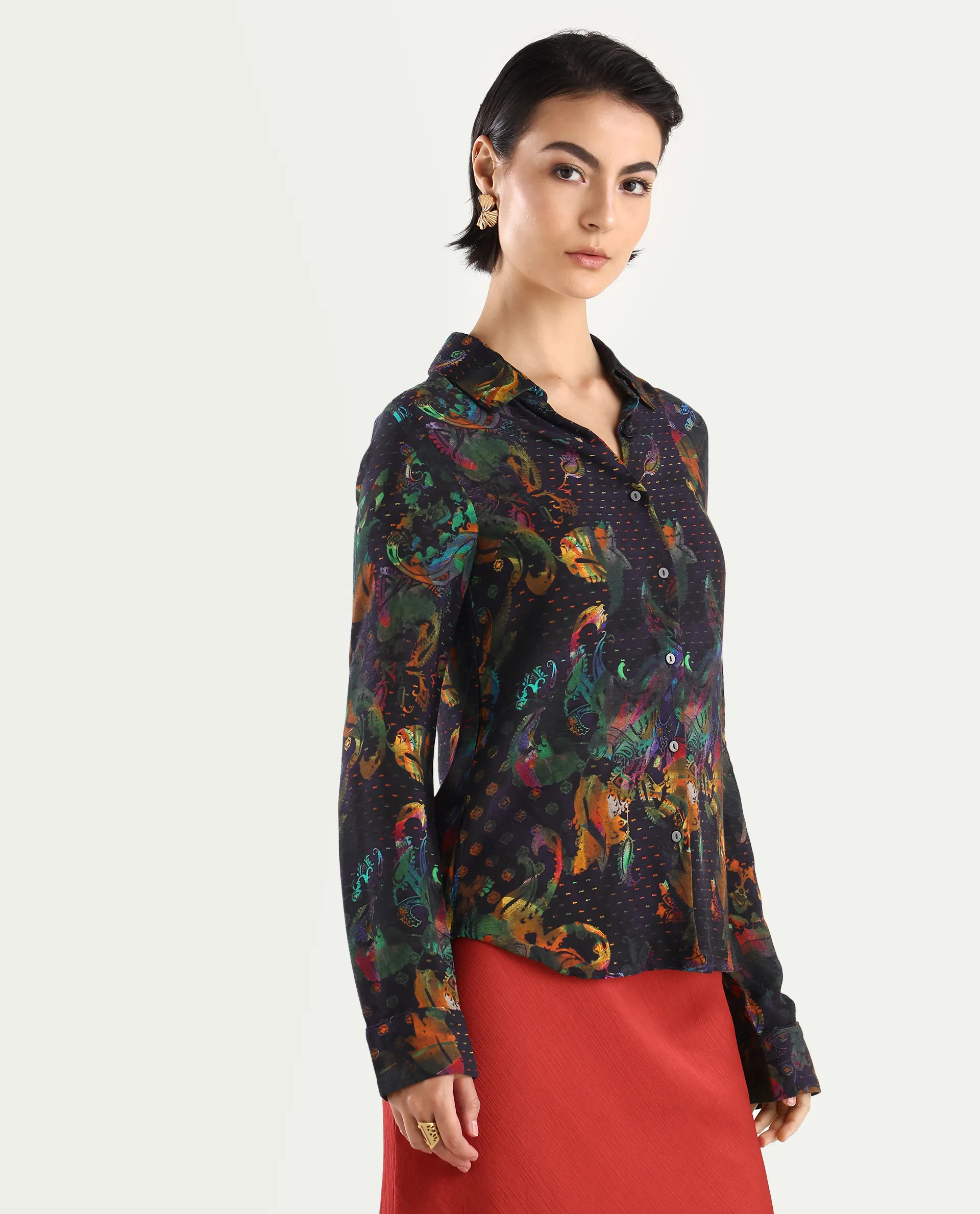 Rareism Women's Mausi Multi Rayon Drop Collar Paisley Print Cuffed Sleeve Regular Fit Shirt - Image 6