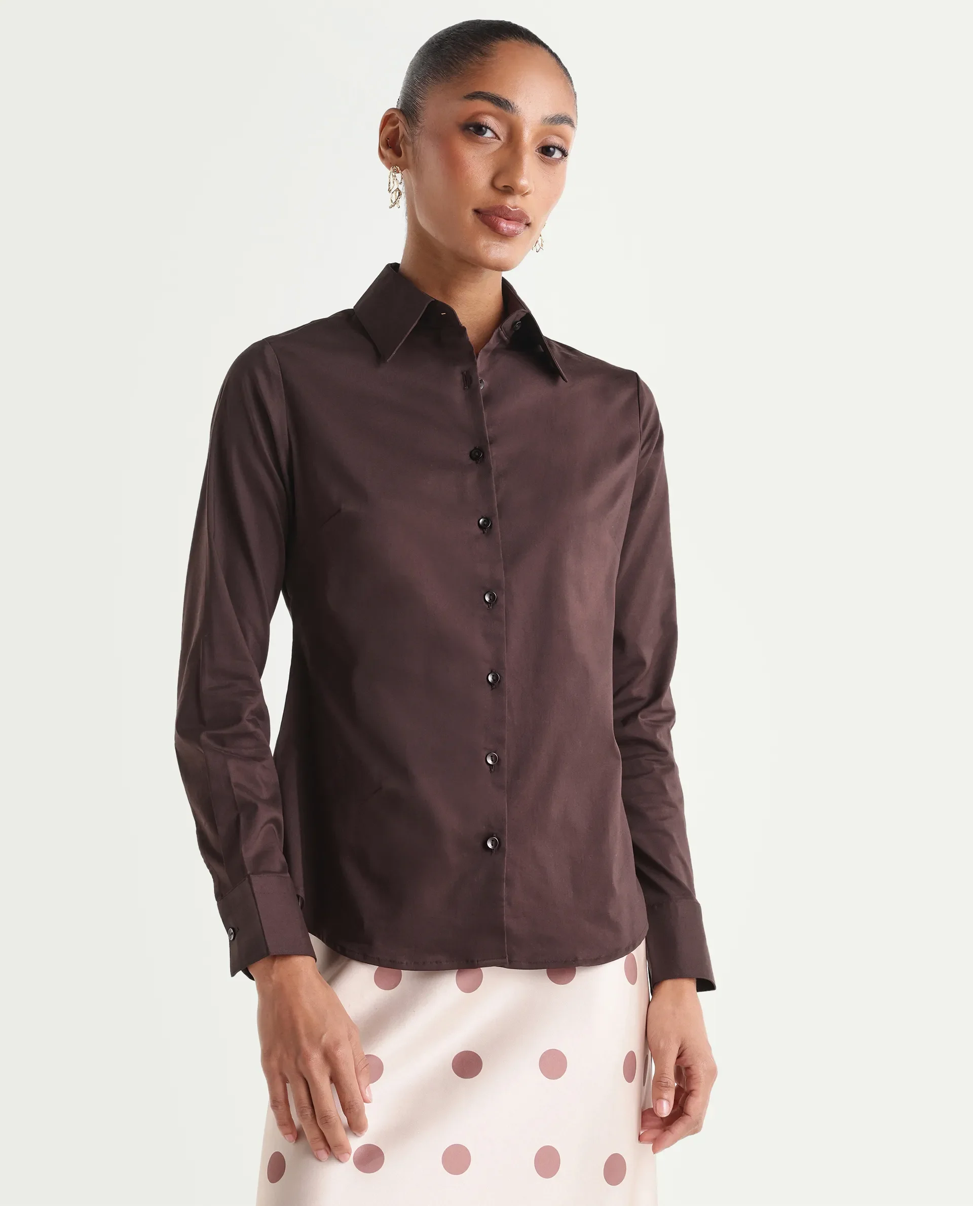 Rareism Women's Maven Brown Cotton Blend Spread Collar Fitted Plain Shirt - Image 3