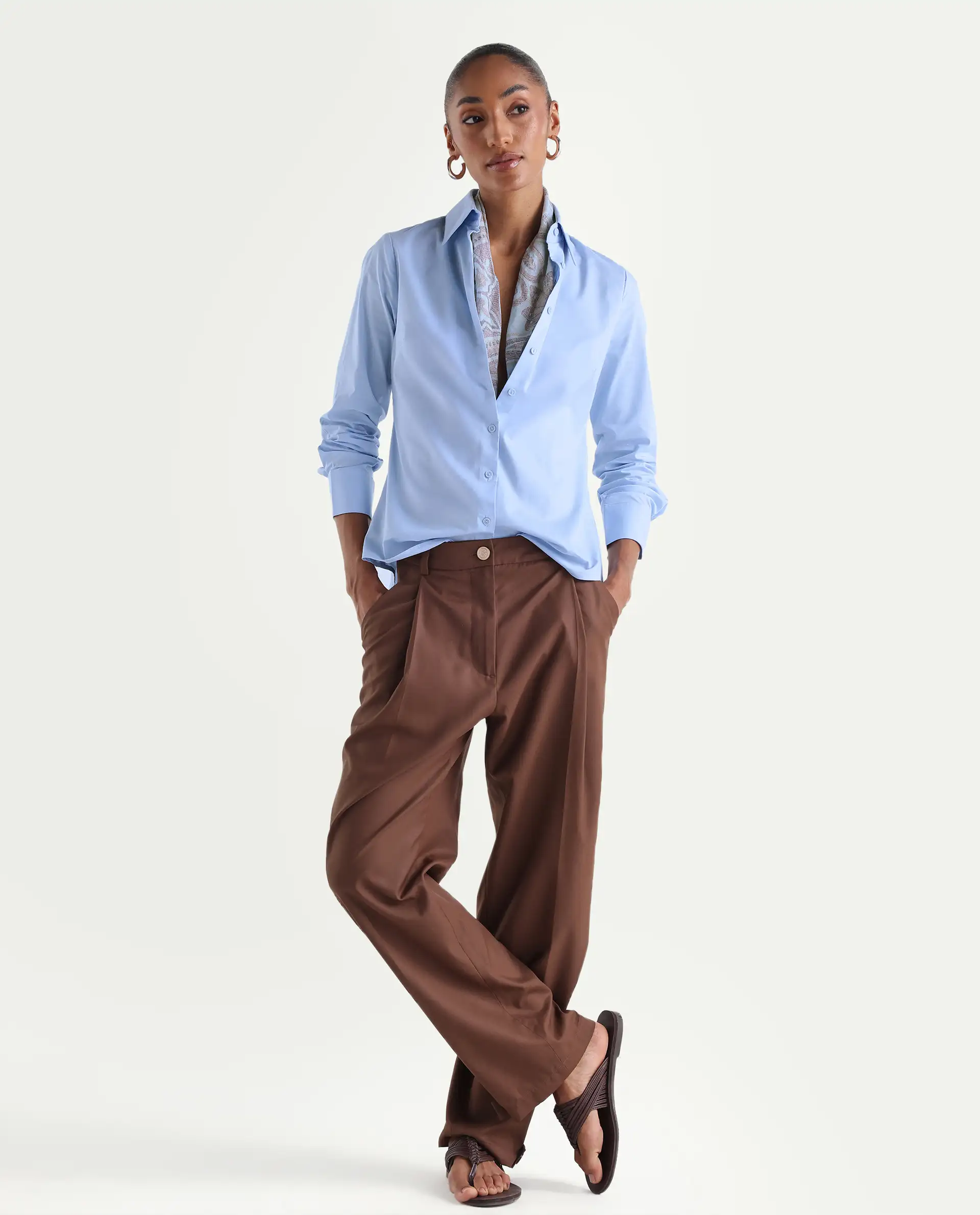 Rareism Women's Maven Light Blue Cotton Blend Spread Collar Fitted Plain Shirt - Image 2