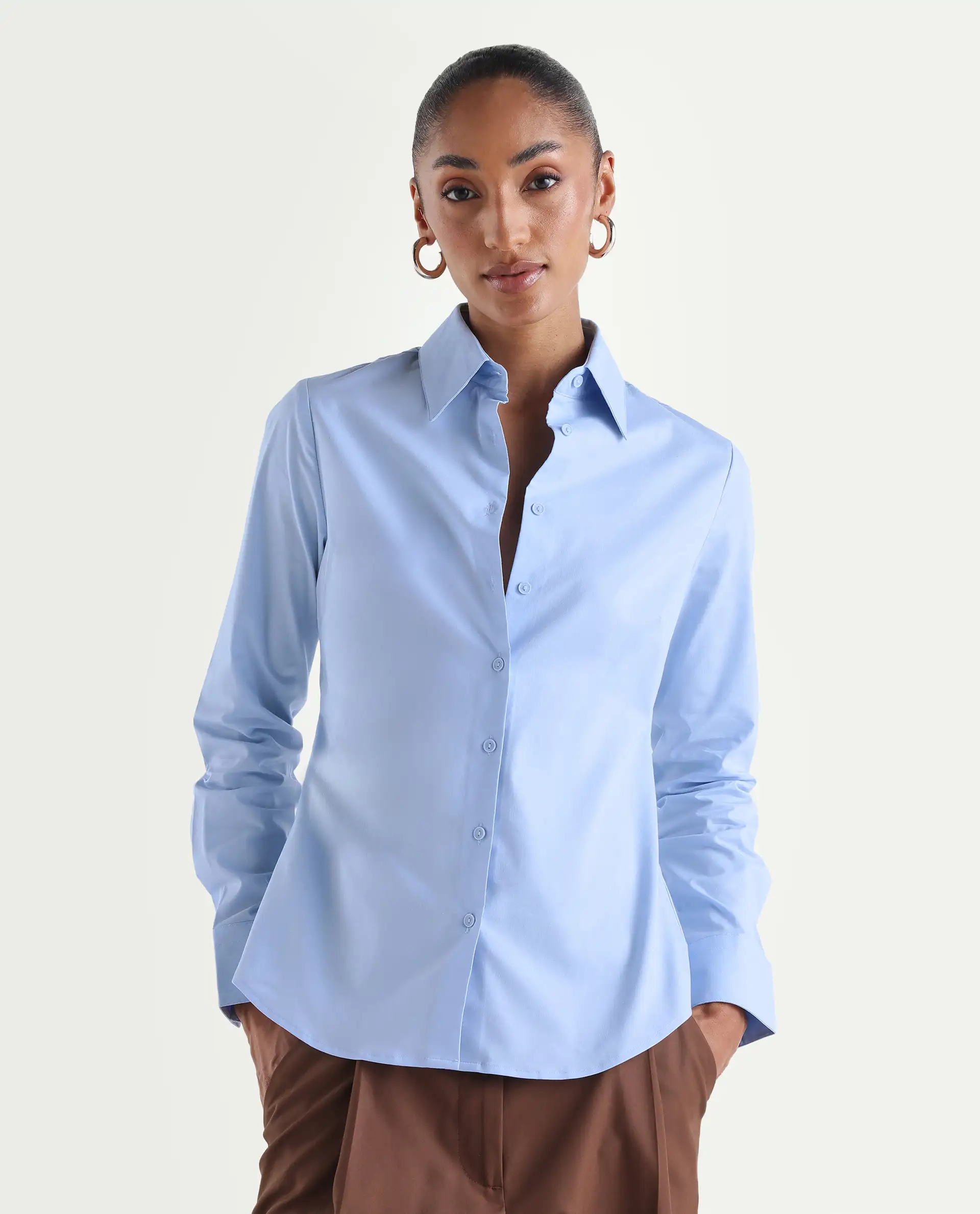 Rareism Women's Maven Light Blue Cotton Blend Spread Collar Fitted Plain Shirt - Image 3