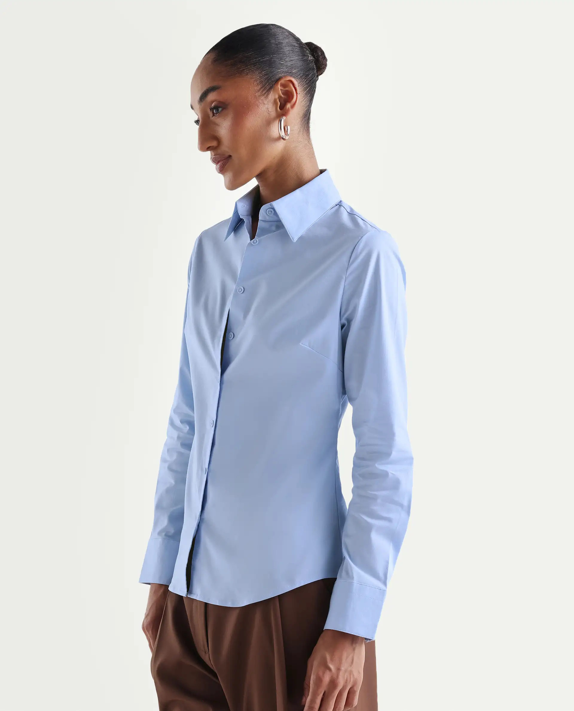 Rareism Women's Maven Light Blue Cotton Blend Spread Collar Fitted Plain Shirt - Image 5