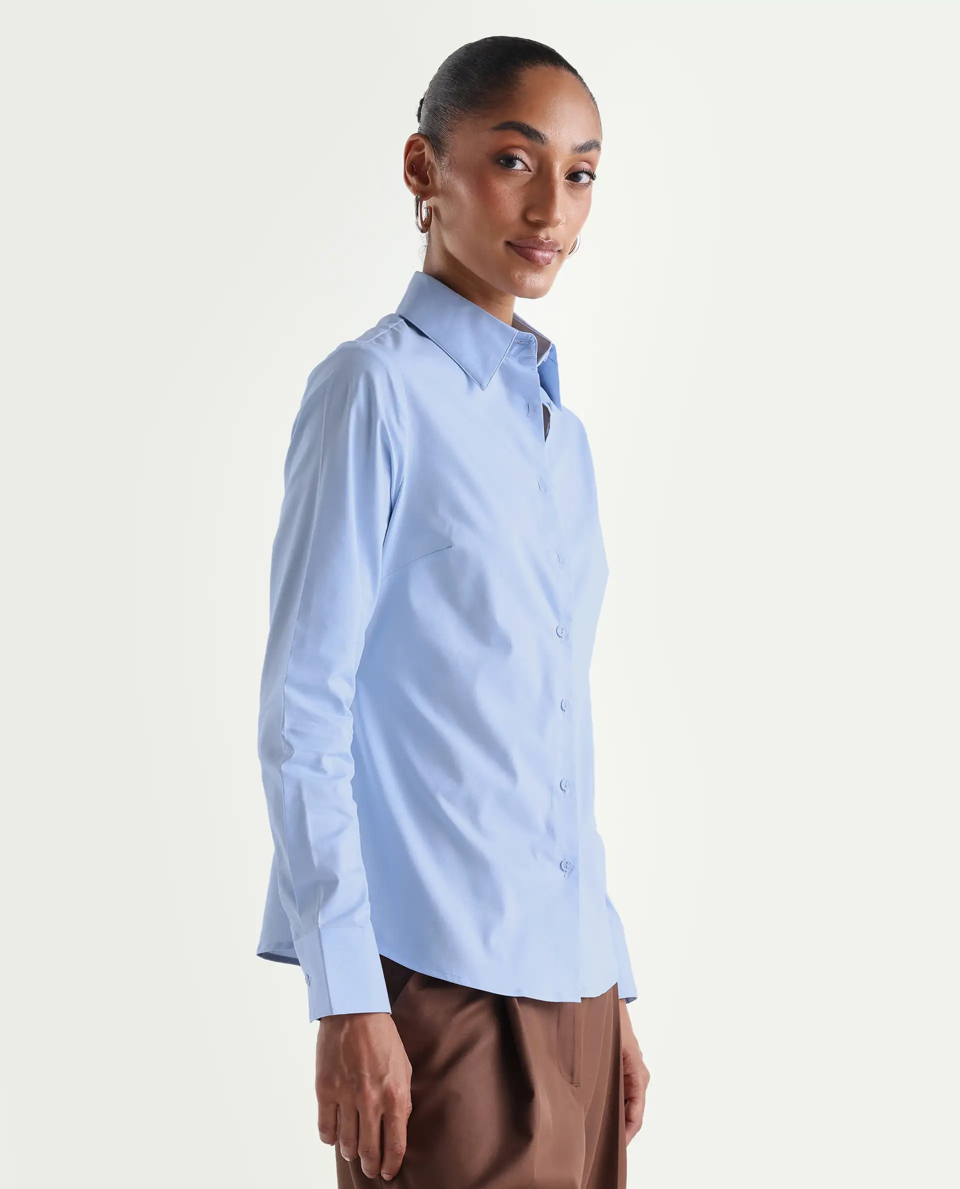 Rareism Women's Maven Light Blue Cotton Blend Spread Collar Fitted Plain Shirt - Image 6