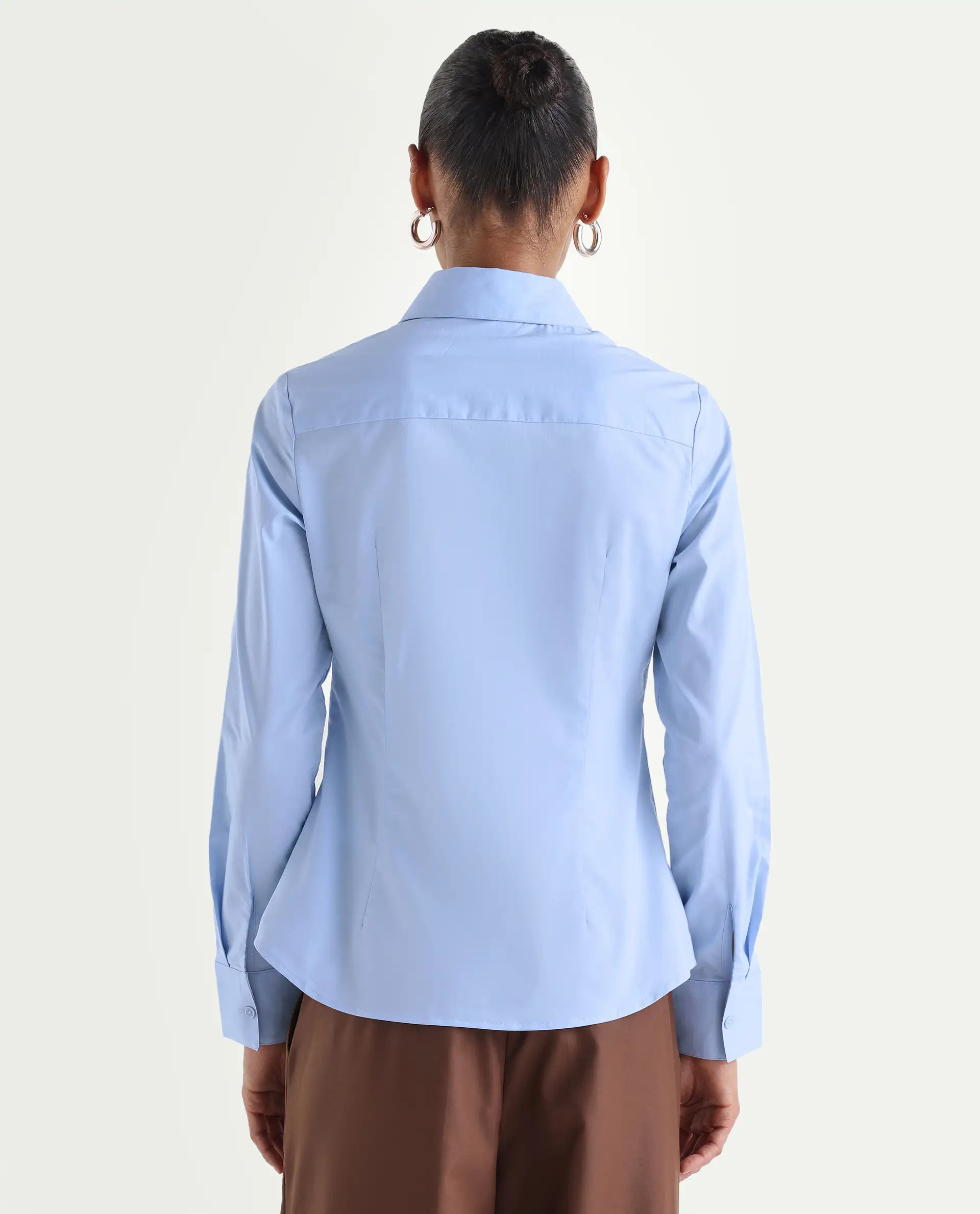 Rareism Women's Maven Light Blue Cotton Blend Spread Collar Fitted Plain Shirt - Image 7