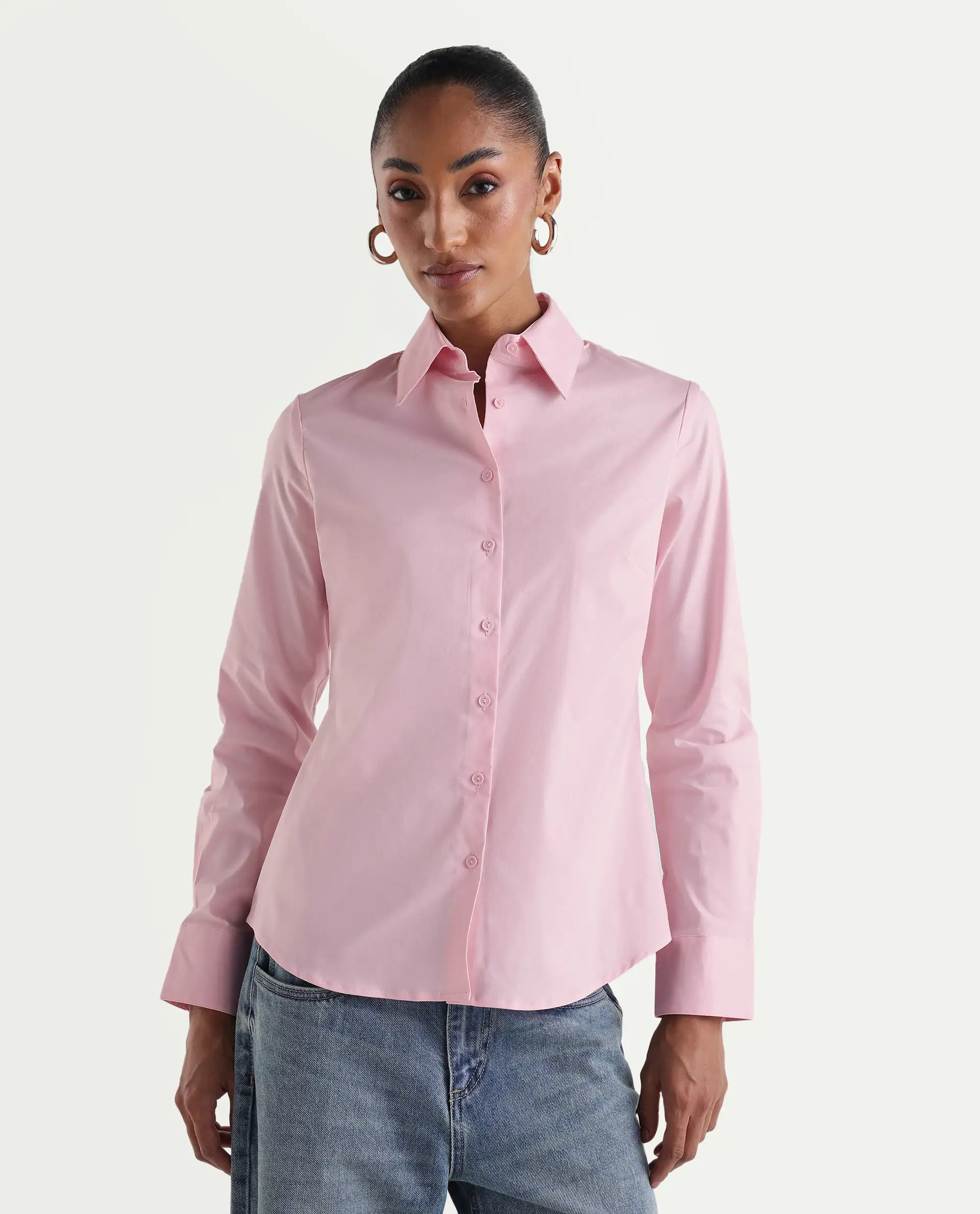 Rareism Women's Maven Pink Cotton Blend Spread Collar Fitted Plain Shirt - Image 3