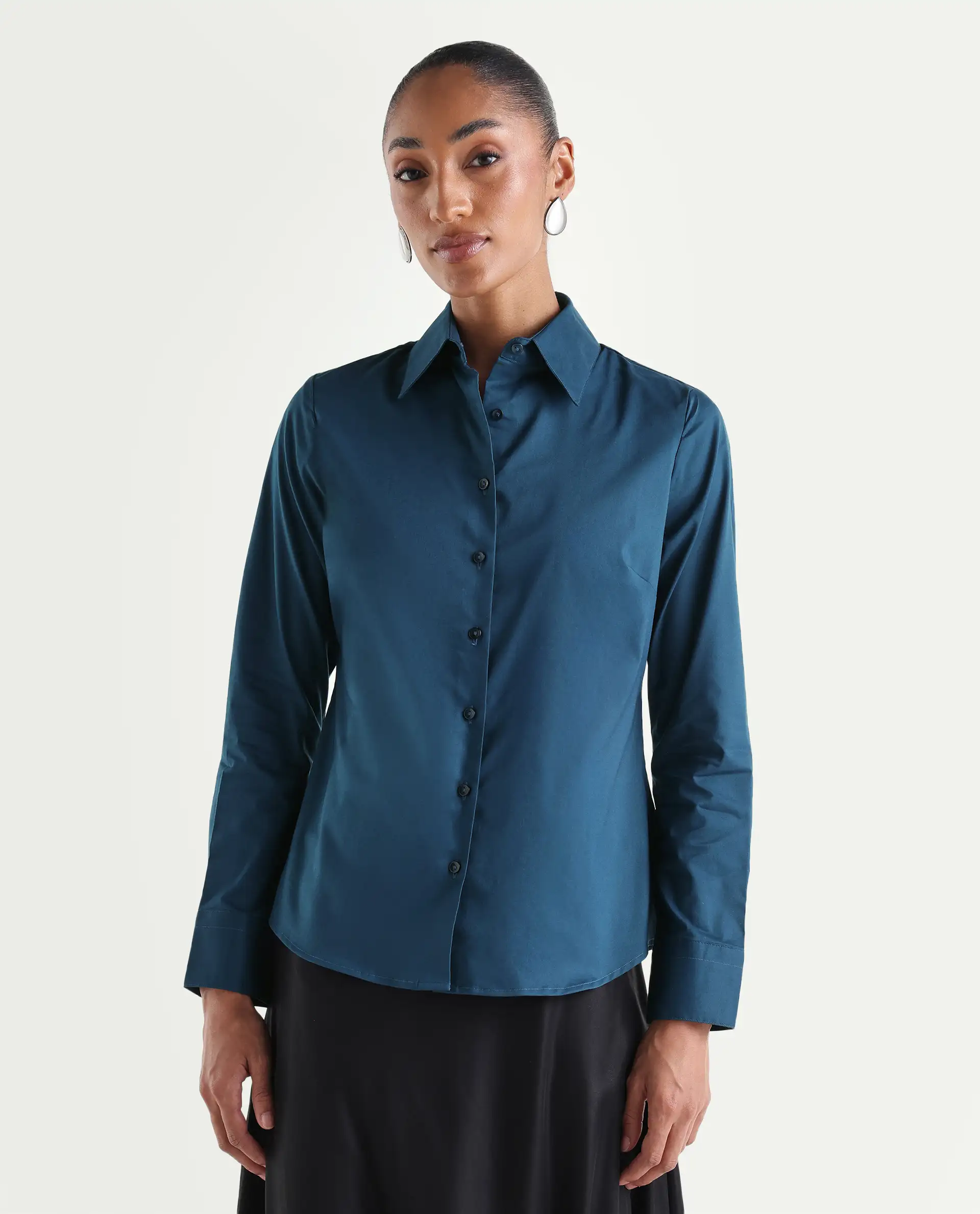 Rareism Women's Maven Teal Cotton Blend Spread Collar Fitted Plain Shirt - Image 3