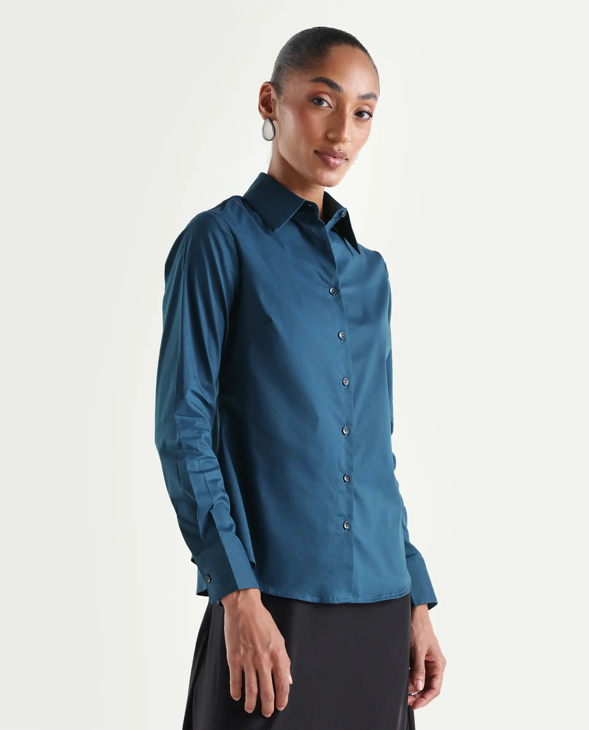 Rareism Women's Maven Teal Cotton Blend Spread Collar Fitted Plain Shirt - Image 6