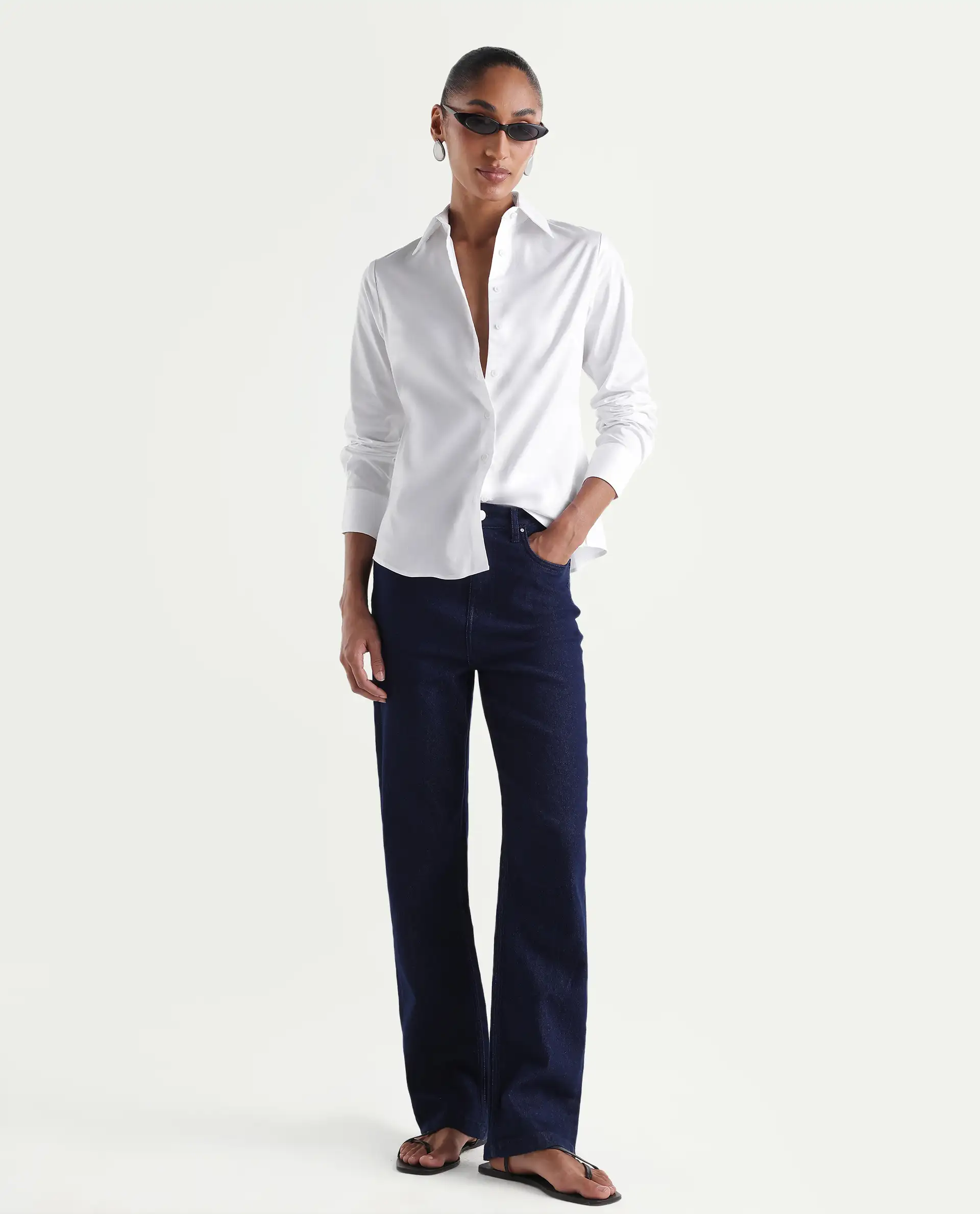 Rareism Women's Maven White Cotton Blend Spread Collar Fitted Plain Shirt - Image 2