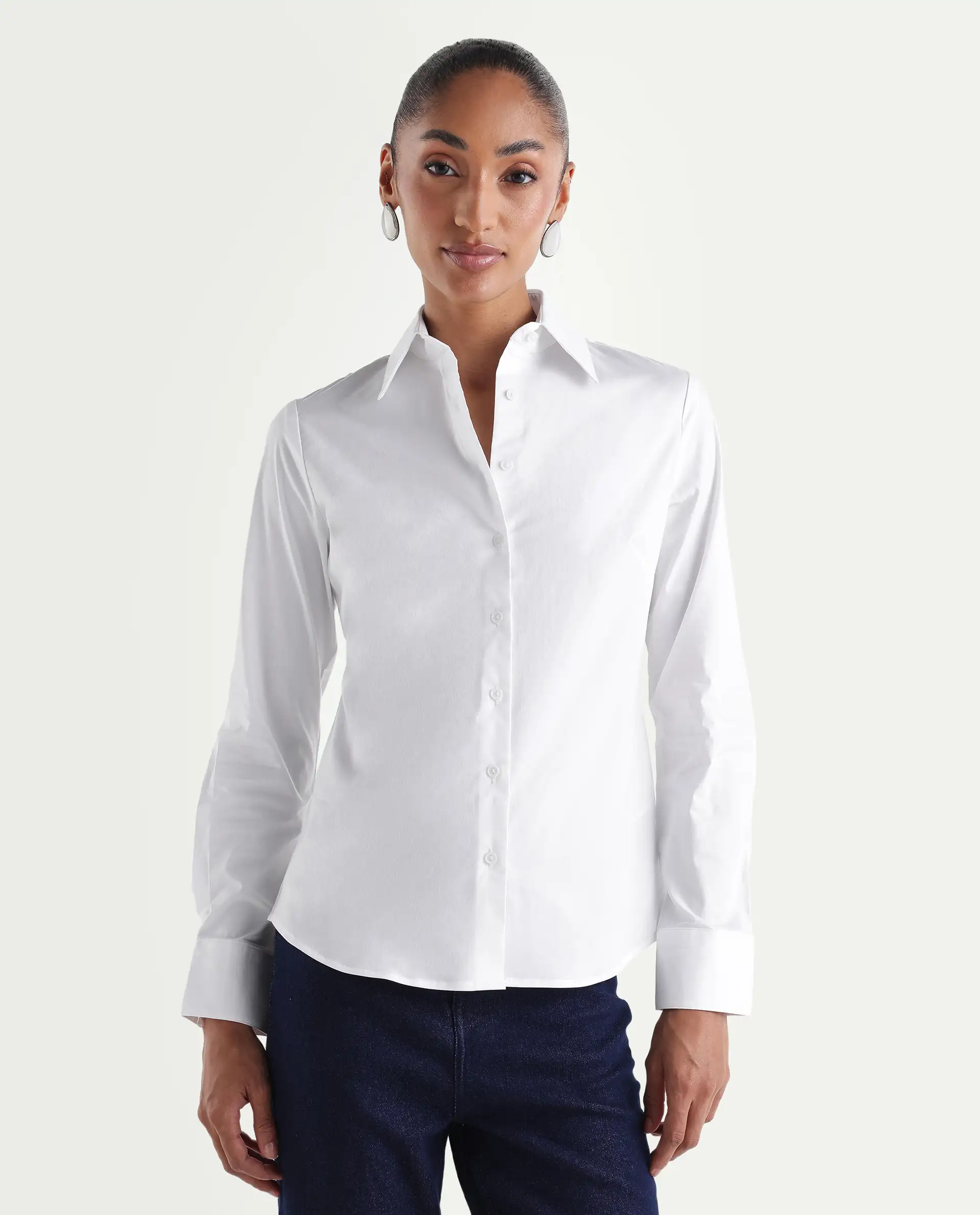 Rareism Women's Maven White Cotton Blend Spread Collar Fitted Plain Shirt - Image 3