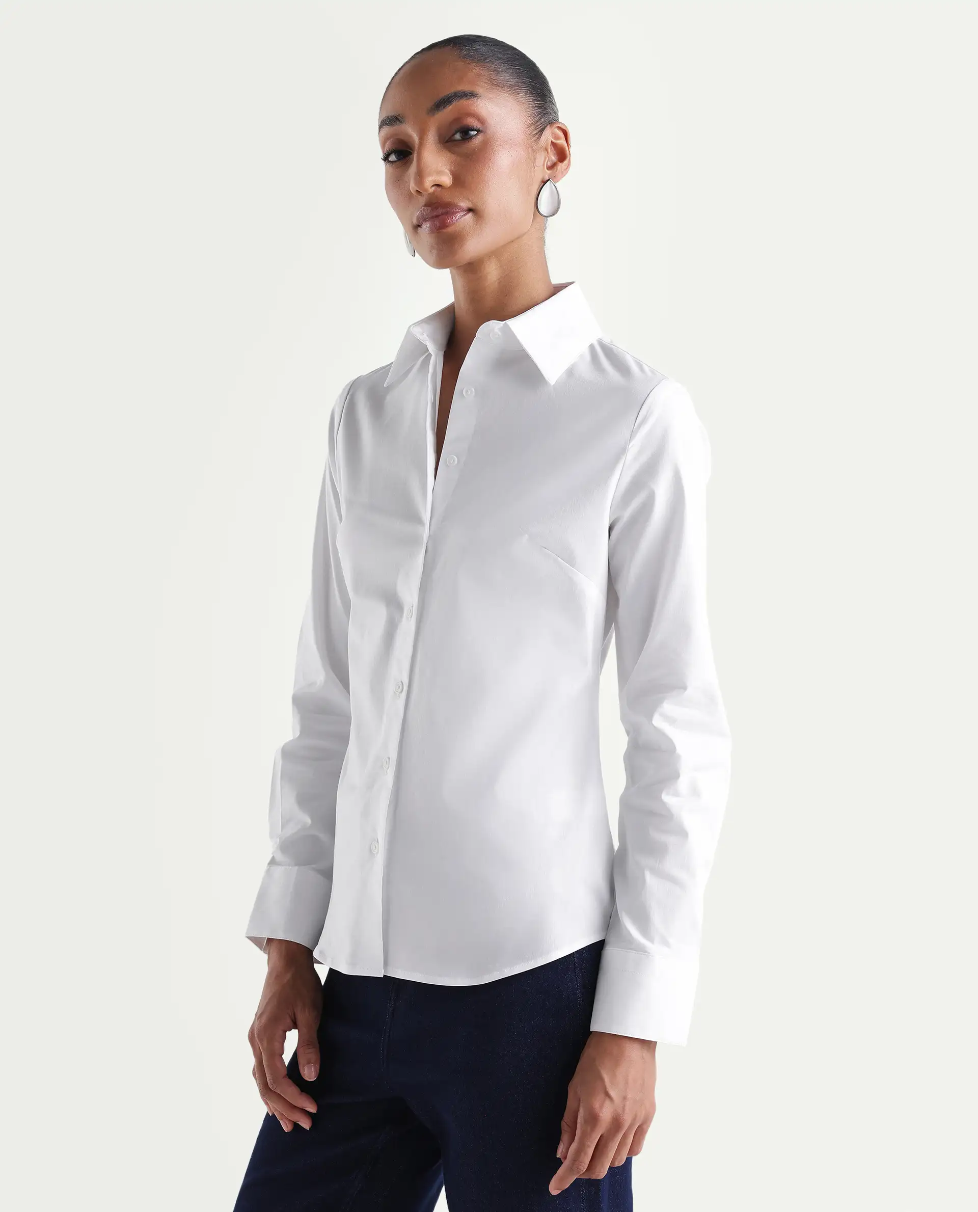 Rareism Women's Maven White Cotton Blend Spread Collar Fitted Plain Shirt - Image 5