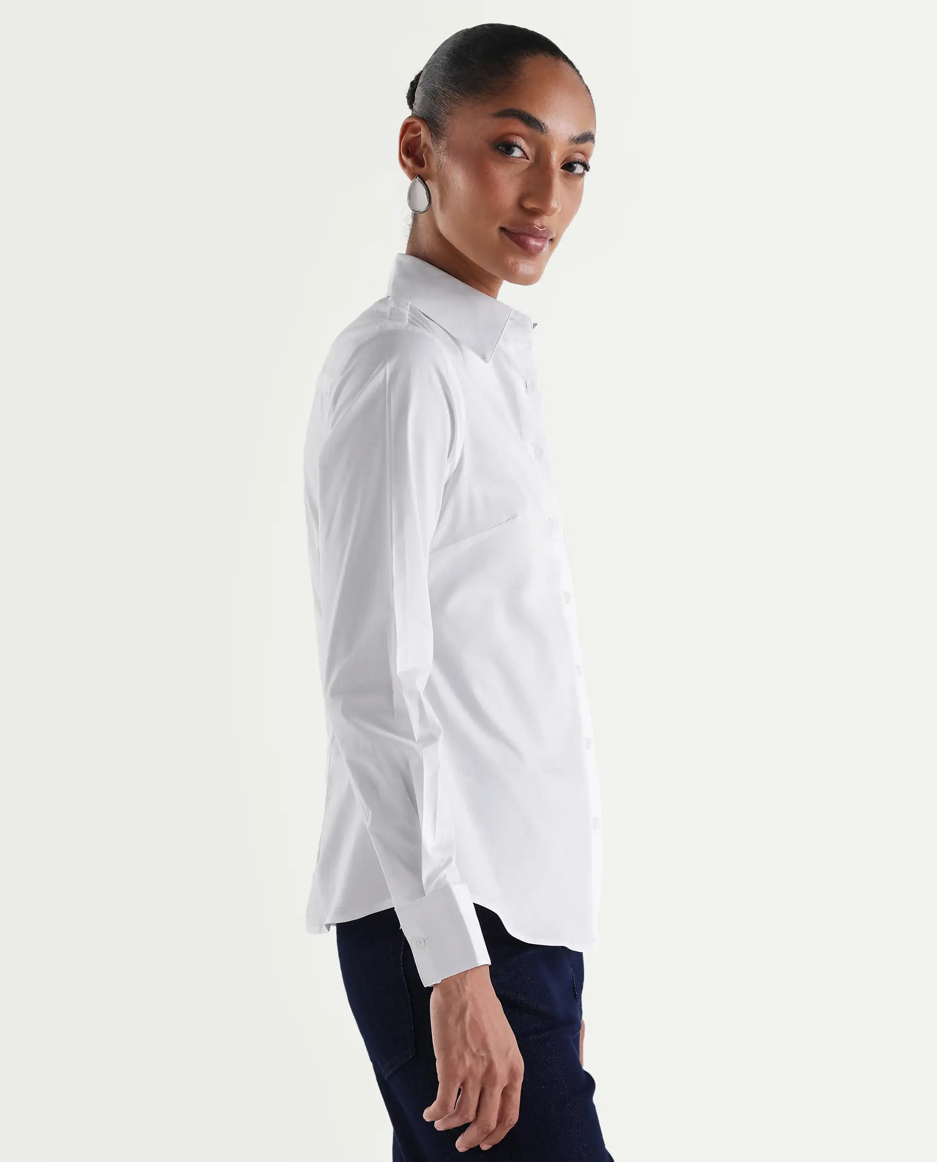 Rareism Women's Maven White Cotton Blend Spread Collar Fitted Plain Shirt - Image 6