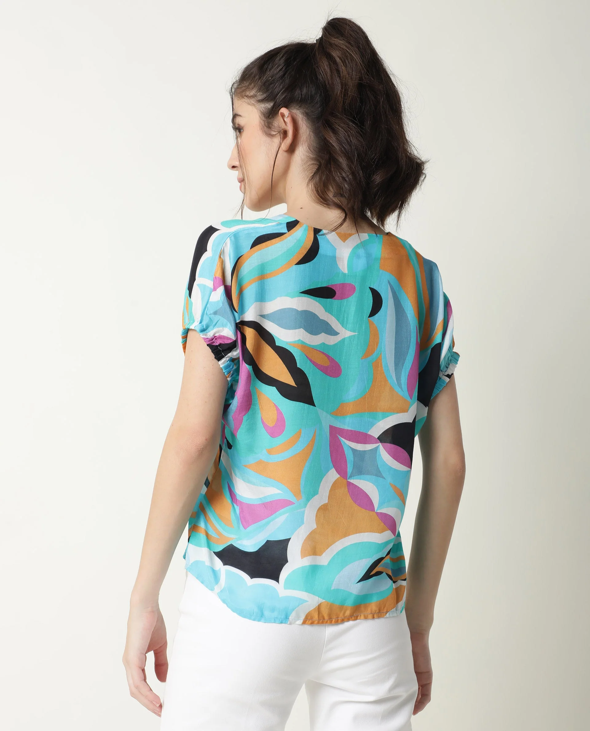 Rareism Women's Maverick Multi Cotton Blend V-Neck Abstract Print Relaxed Fit Top - Image 10