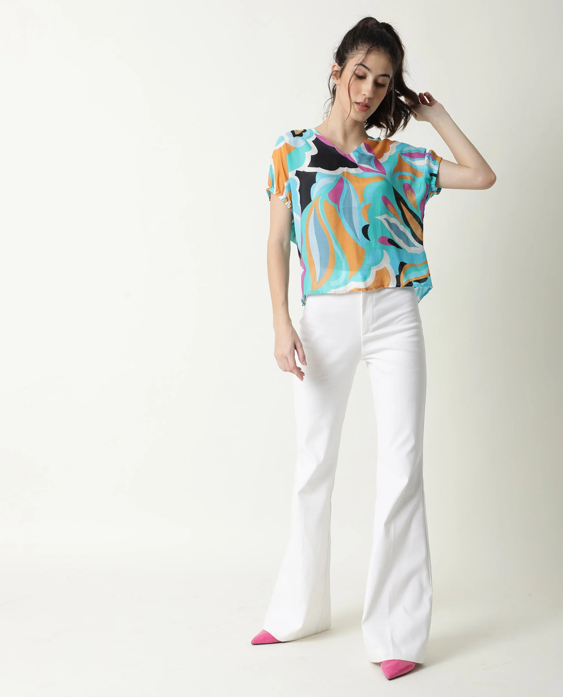 Rareism Women's Maverick Multi Cotton Blend V-Neck Abstract Print Relaxed Fit Top - Image 2