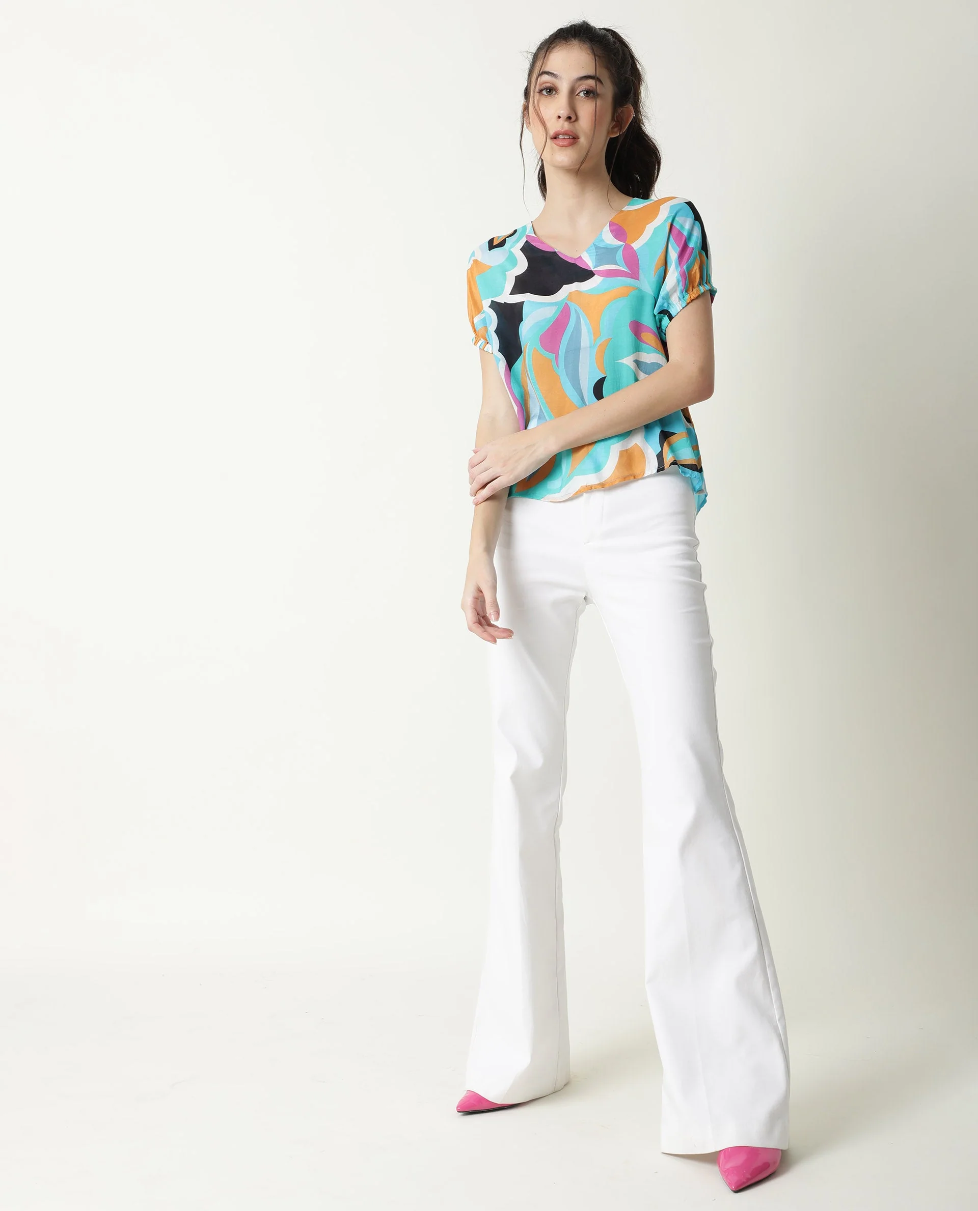 Rareism Women's Maverick Multi Cotton Blend V-Neck Abstract Print Relaxed Fit Top - Image 4