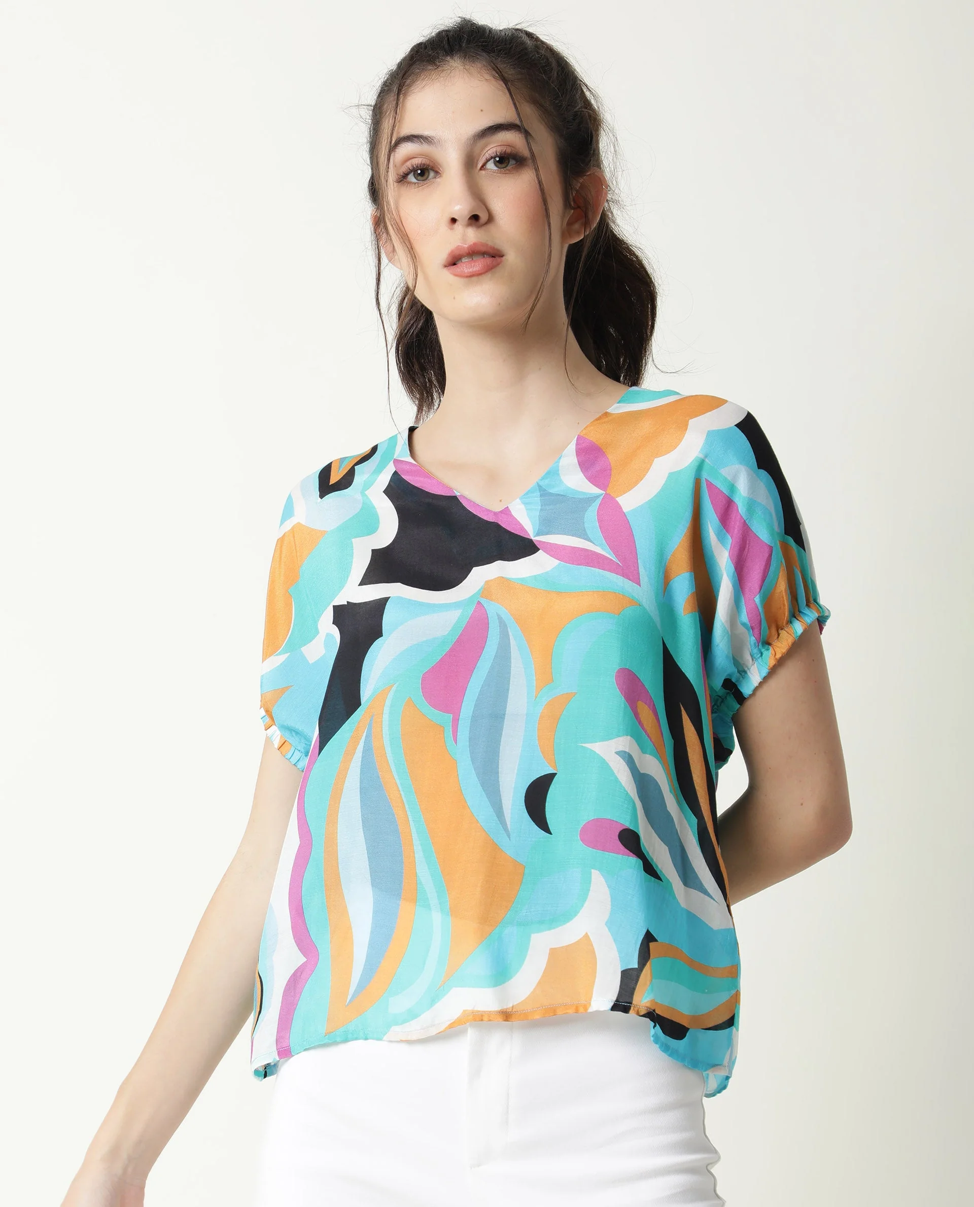Rareism Women's Maverick Multi Cotton Blend V-Neck Abstract Print Relaxed Fit Top - Image 5