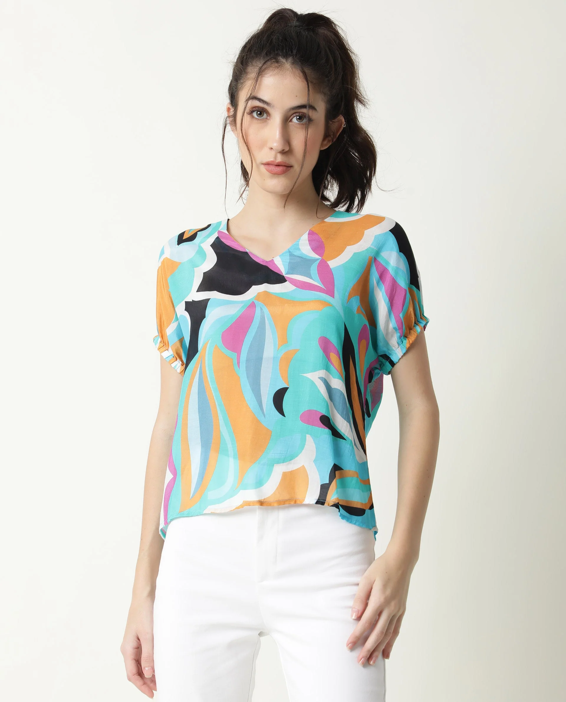 Rareism Women's Maverick Multi Cotton Blend V-Neck Abstract Print Relaxed Fit Top - Image 6