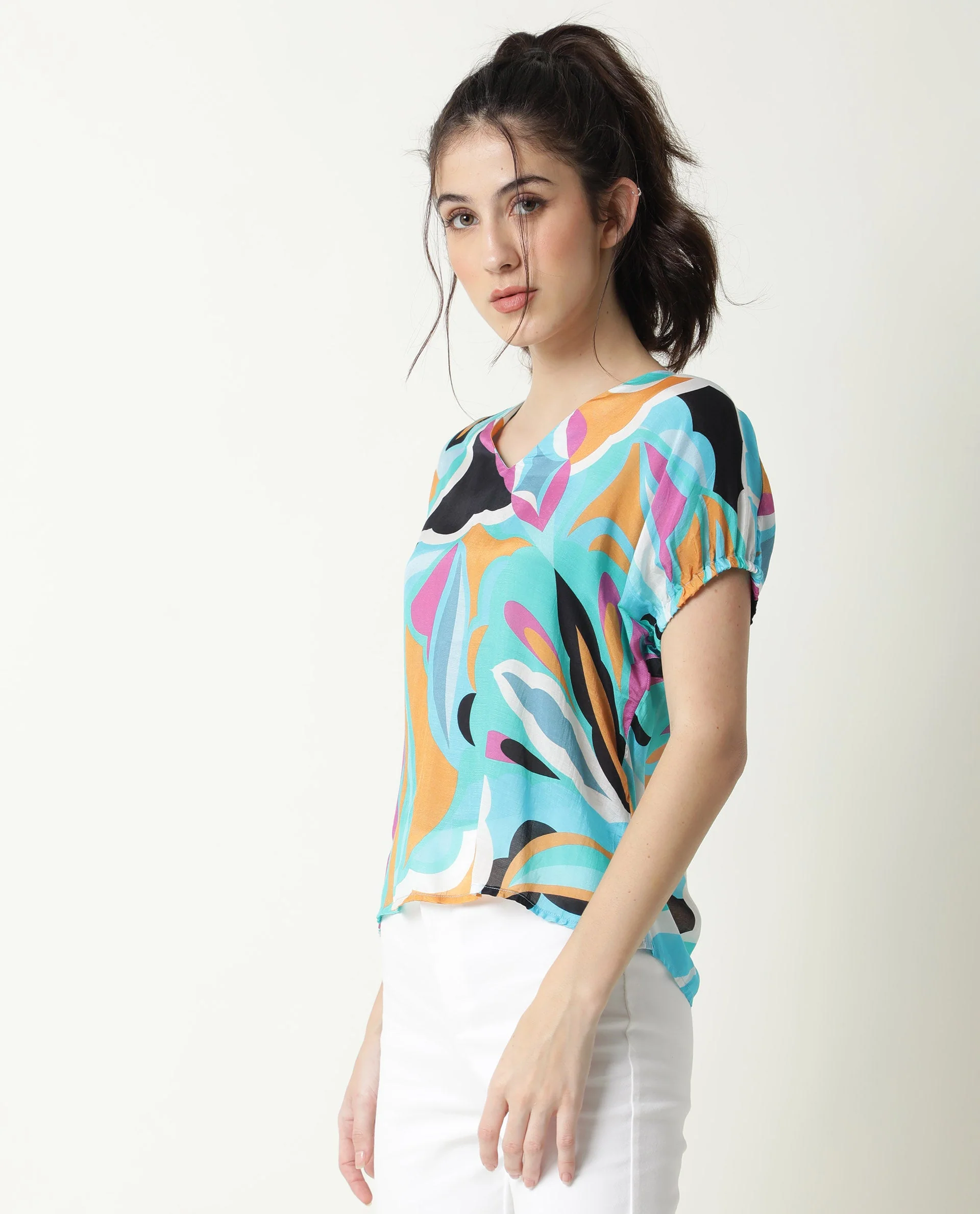 Rareism Women's Maverick Multi Cotton Blend V-Neck Abstract Print Relaxed Fit Top - Image 8