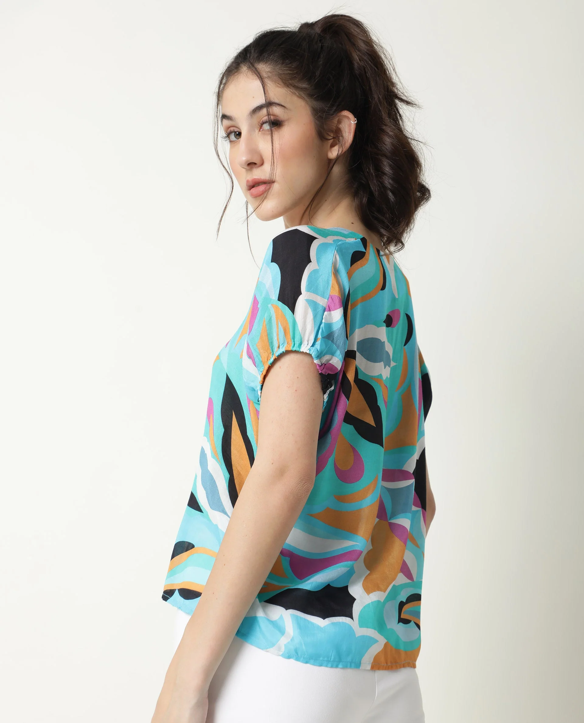 Rareism Women's Maverick Multi Cotton Blend V-Neck Abstract Print Relaxed Fit Top - Image 9