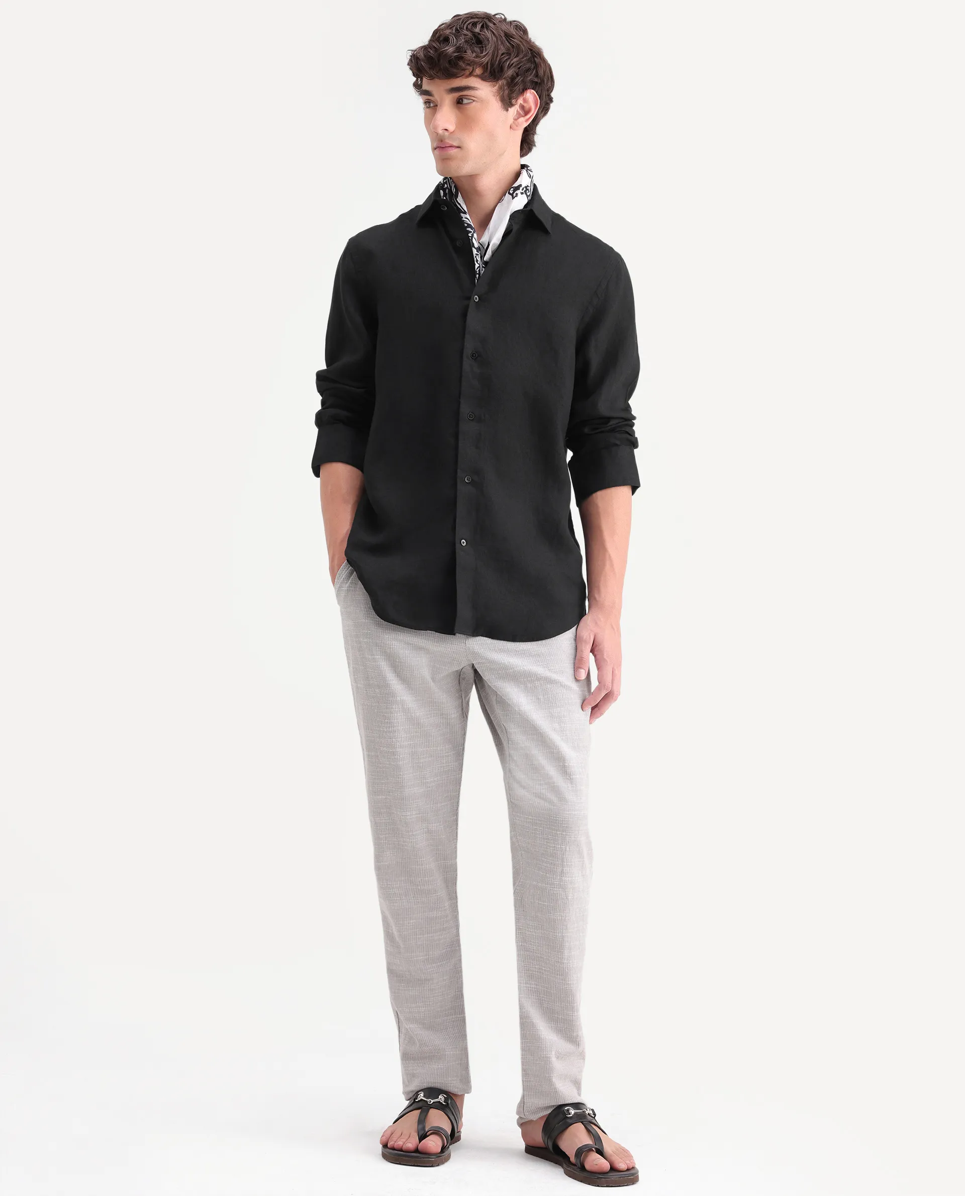 Rare Rabbit Men's Mavi-Aw26 Black 100% Linen Spread Collar Regular Plain Shirt - Image 2