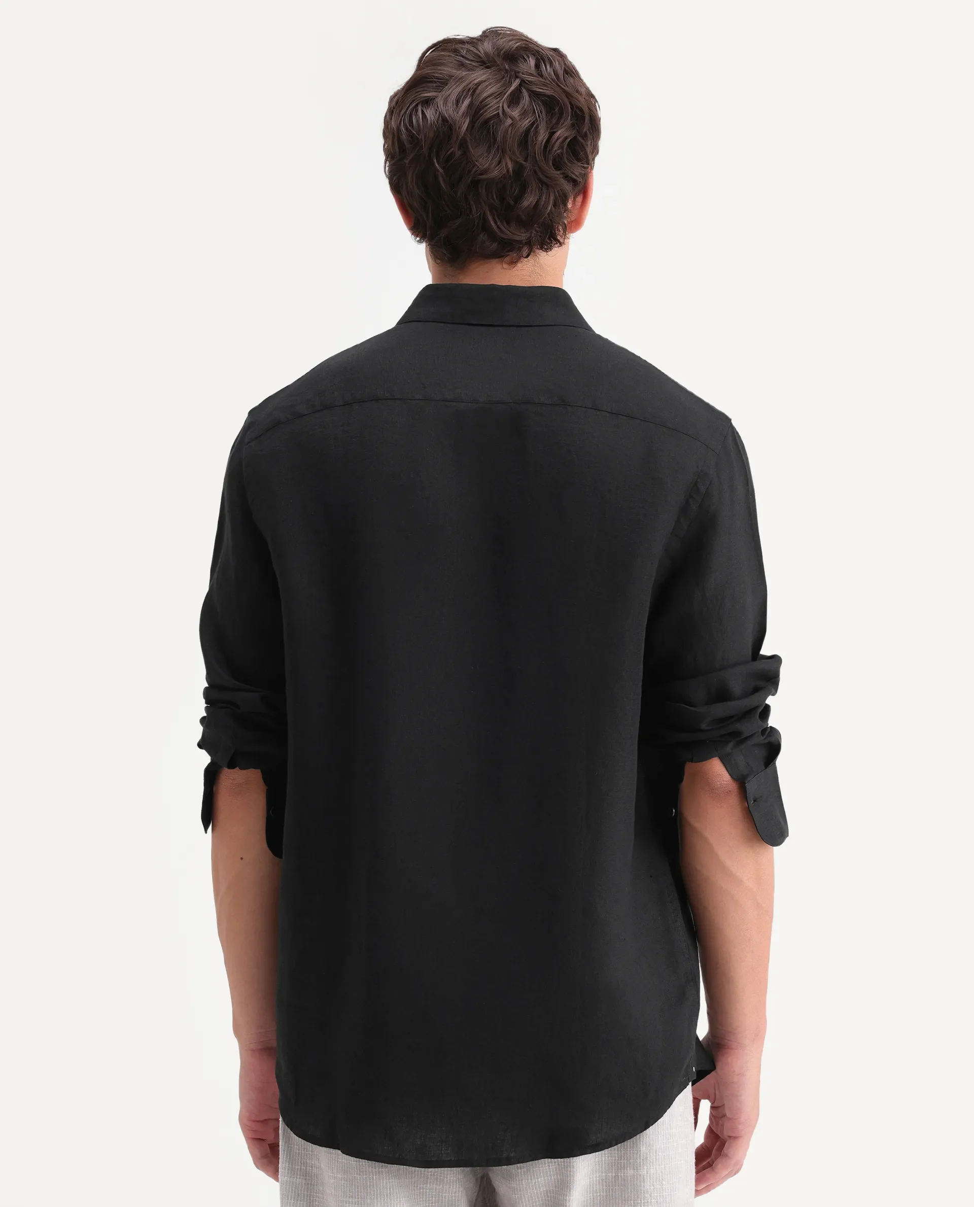 Rare Rabbit Men's Mavi-Aw26 Black 100% Linen Spread Collar Regular Plain Shirt - Image 7