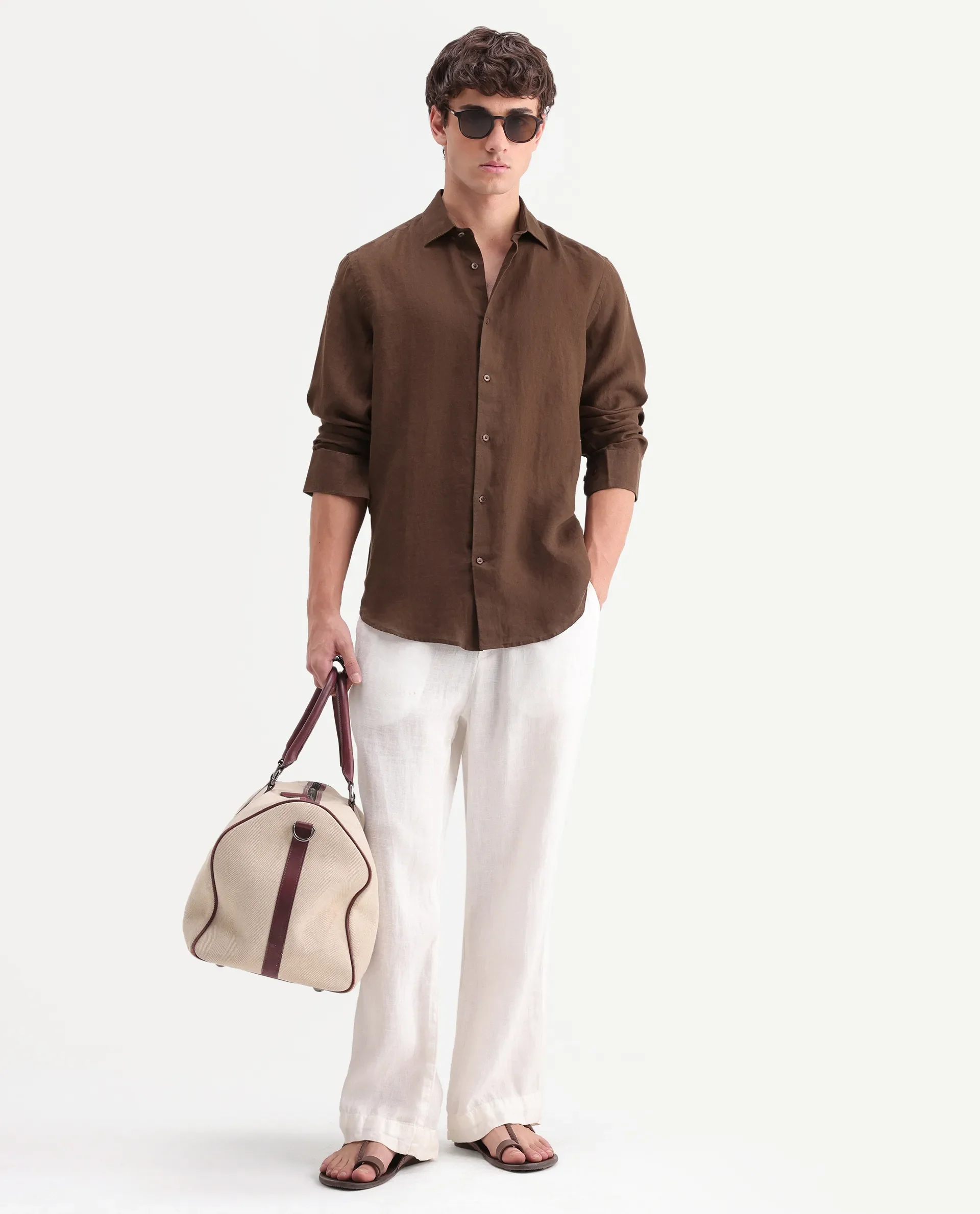 Rare Rabbit Men's Mavi-Aw26 Brown 100% Linen Spread Collar Regular Fit Plain Shirt - Image 2