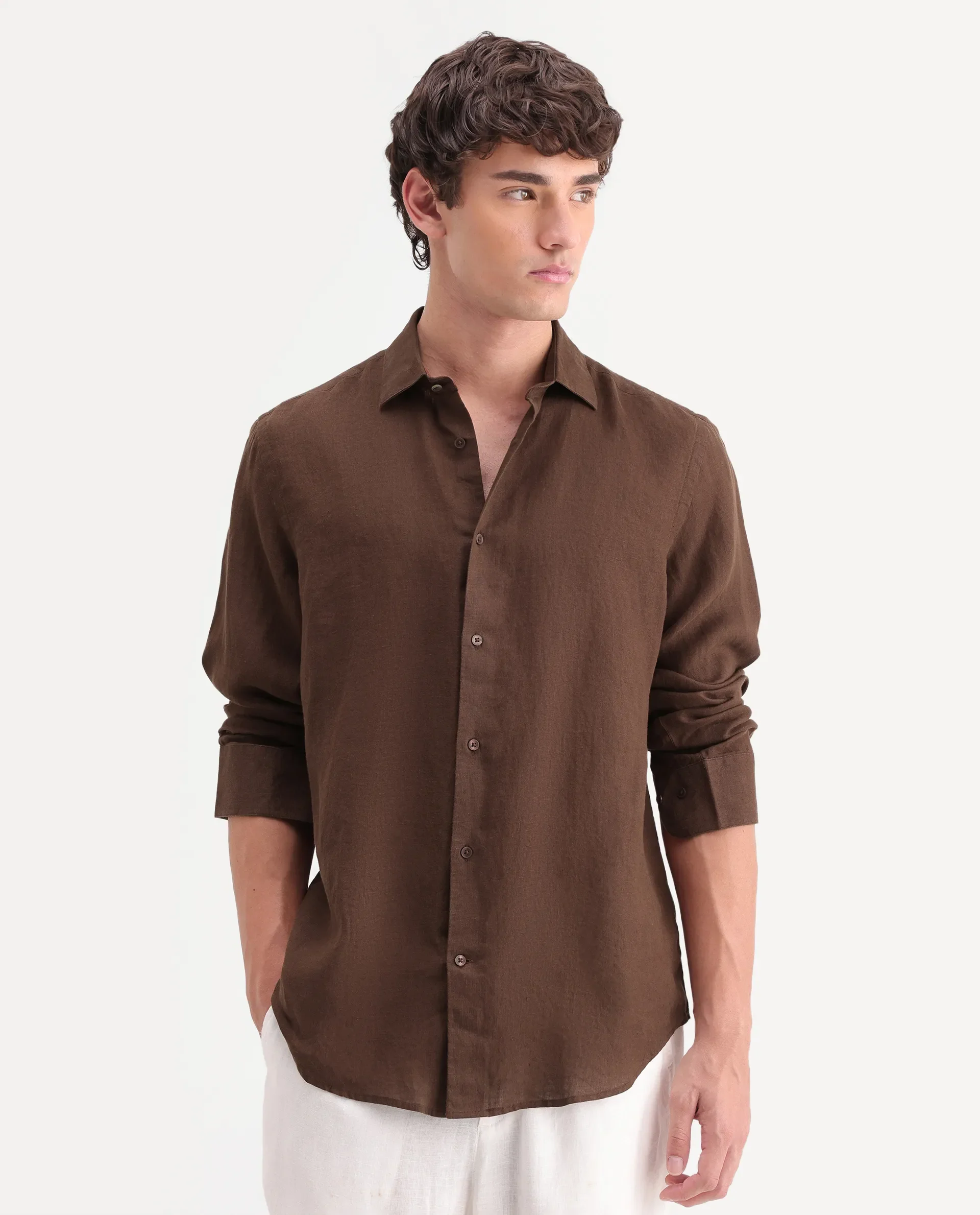 Rare Rabbit Men's Mavi-Aw26 Brown 100% Linen Spread Collar Regular Fit Plain Shirt - Image 4