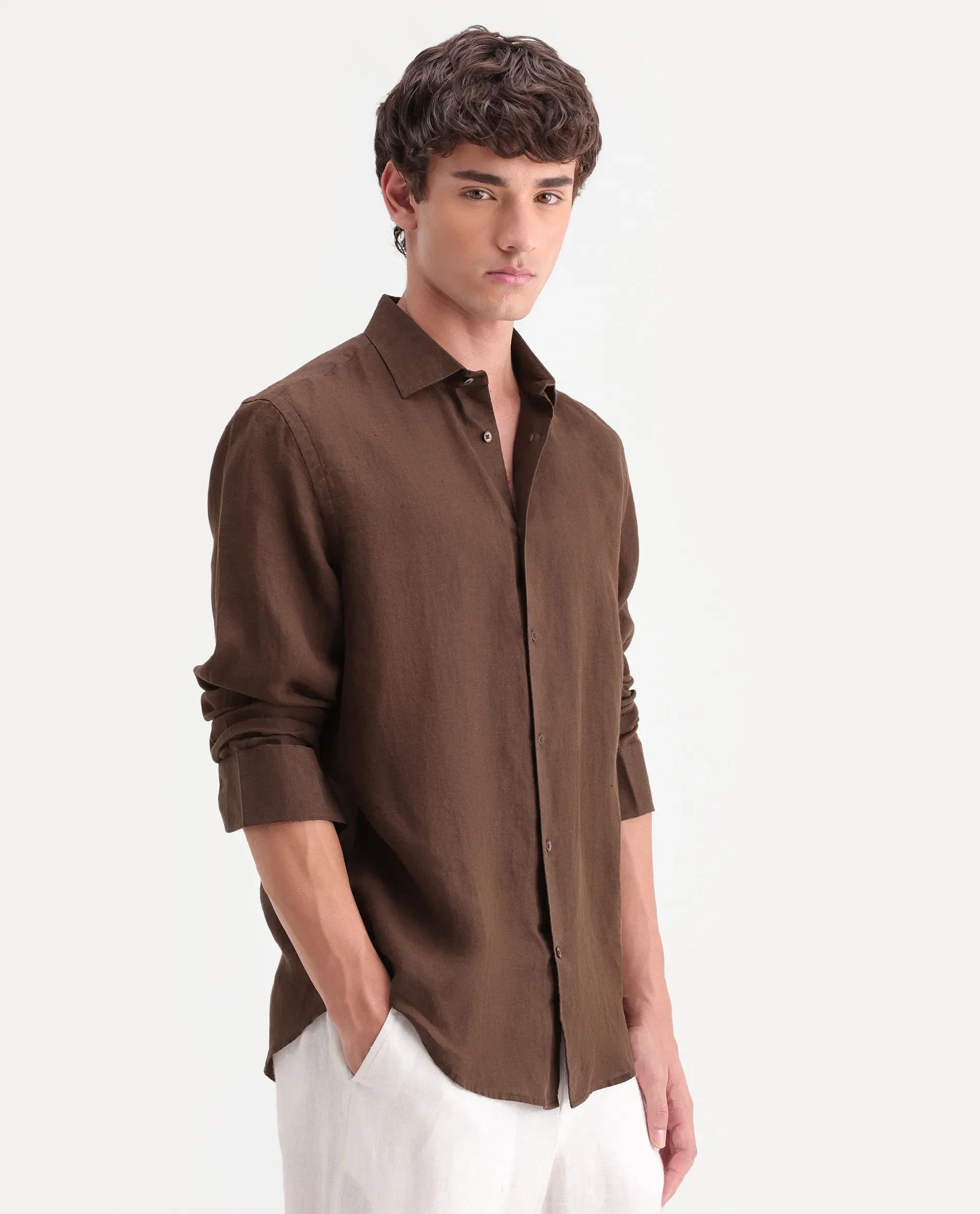 Rare Rabbit Men's Mavi-Aw26 Brown 100% Linen Spread Collar Regular Fit Plain Shirt - Image 5
