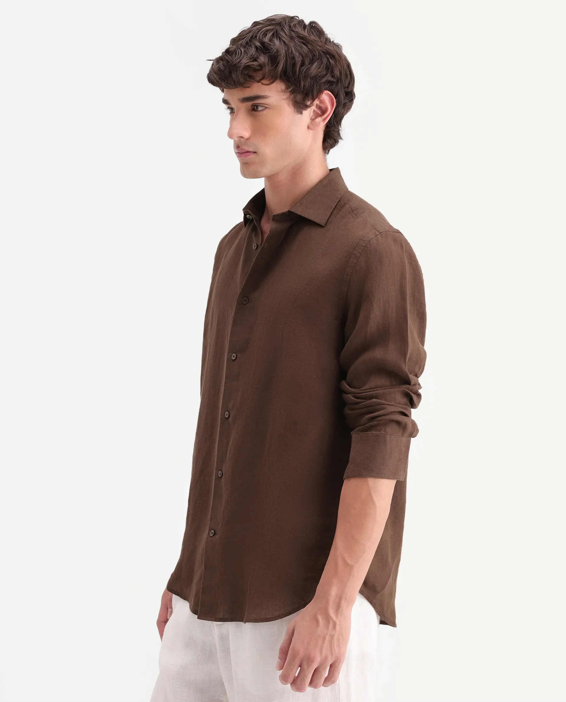 Rare Rabbit Men's Mavi-Aw26 Brown 100% Linen Spread Collar Regular Fit Plain Shirt - Image 6