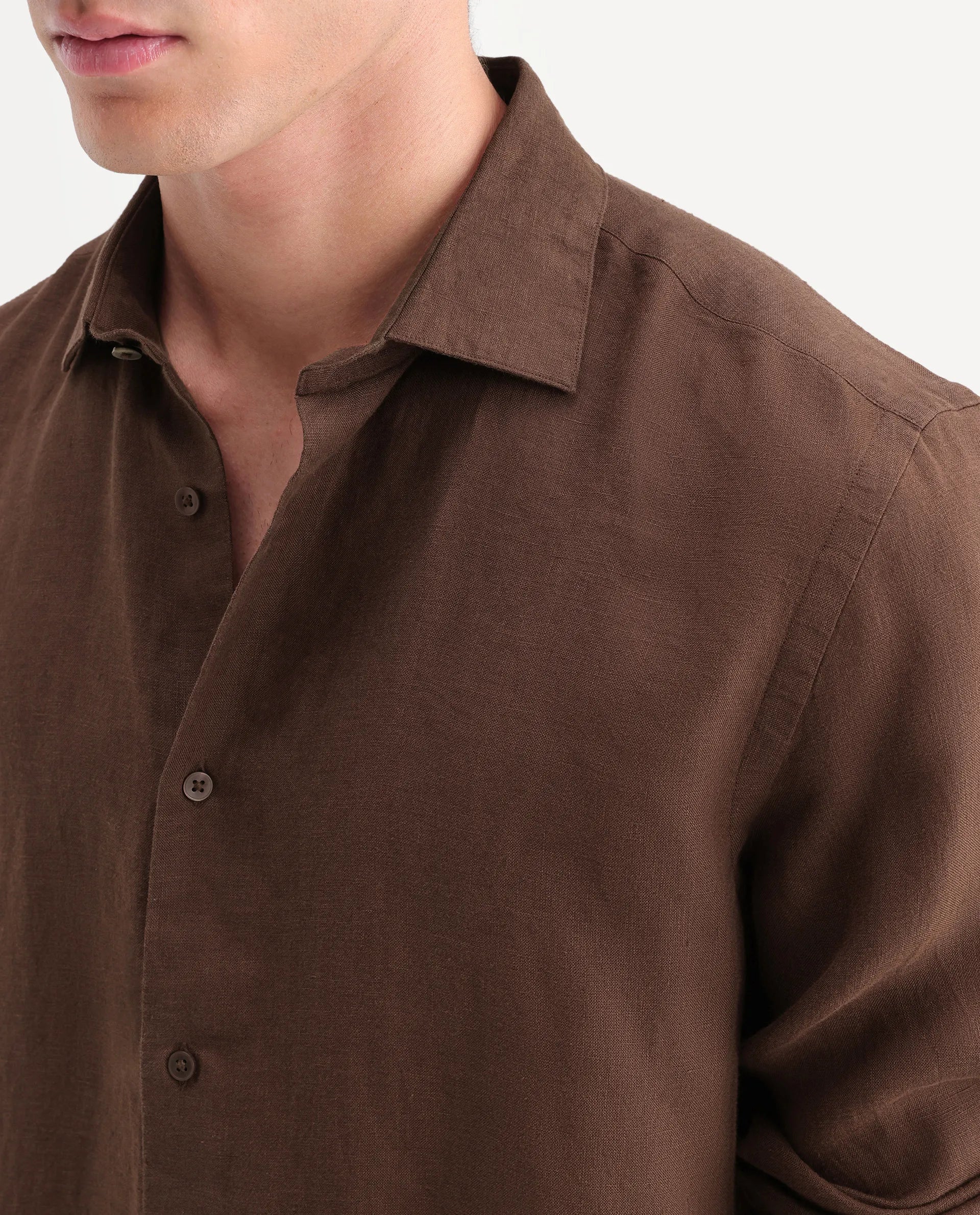 Rare Rabbit Men's Mavi-Aw26 Brown 100% Linen Spread Collar Regular Fit Plain Shirt - Image 7