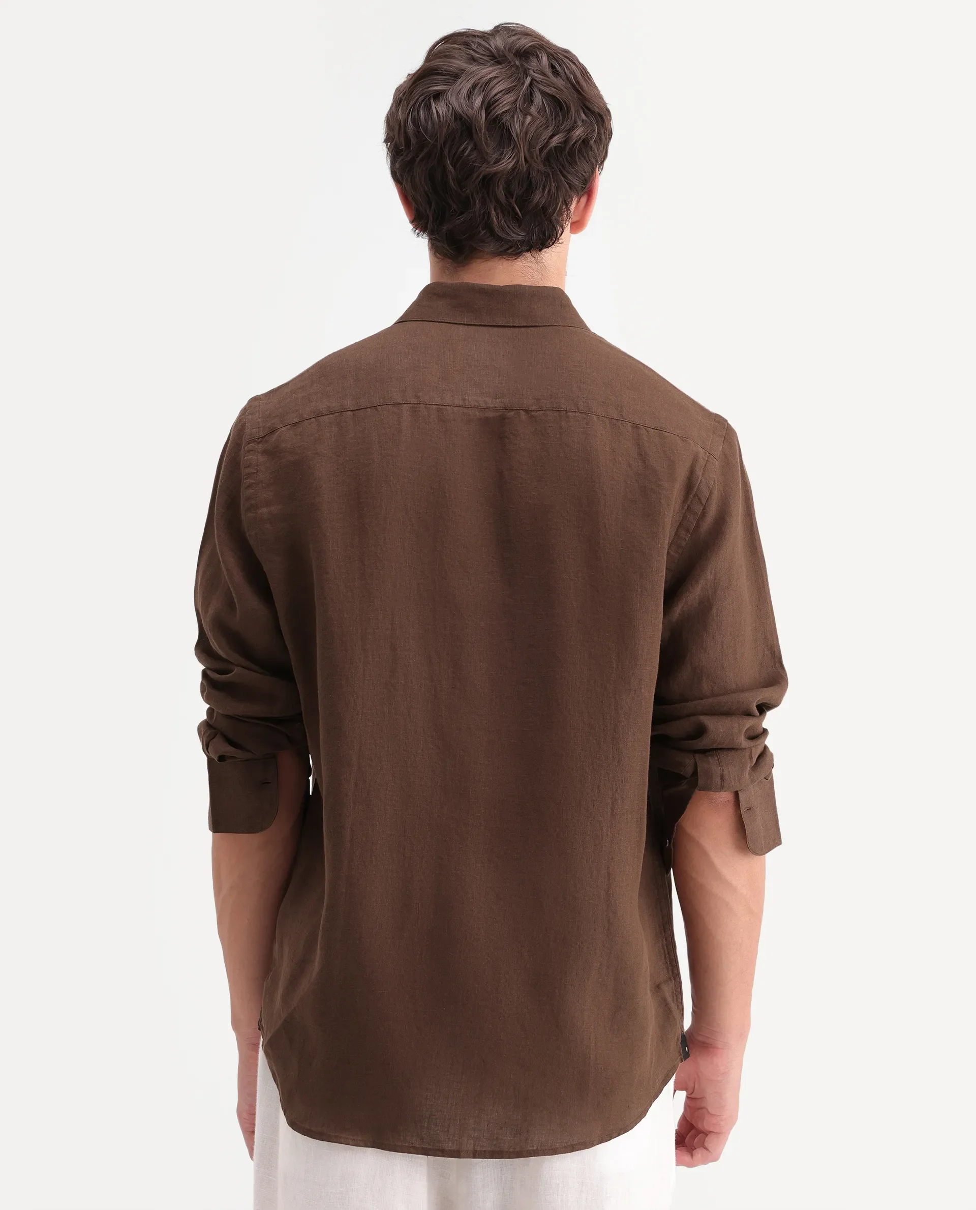 Rare Rabbit Men's Mavi-Aw26 Brown 100% Linen Spread Collar Regular Fit Plain Shirt - Image 8